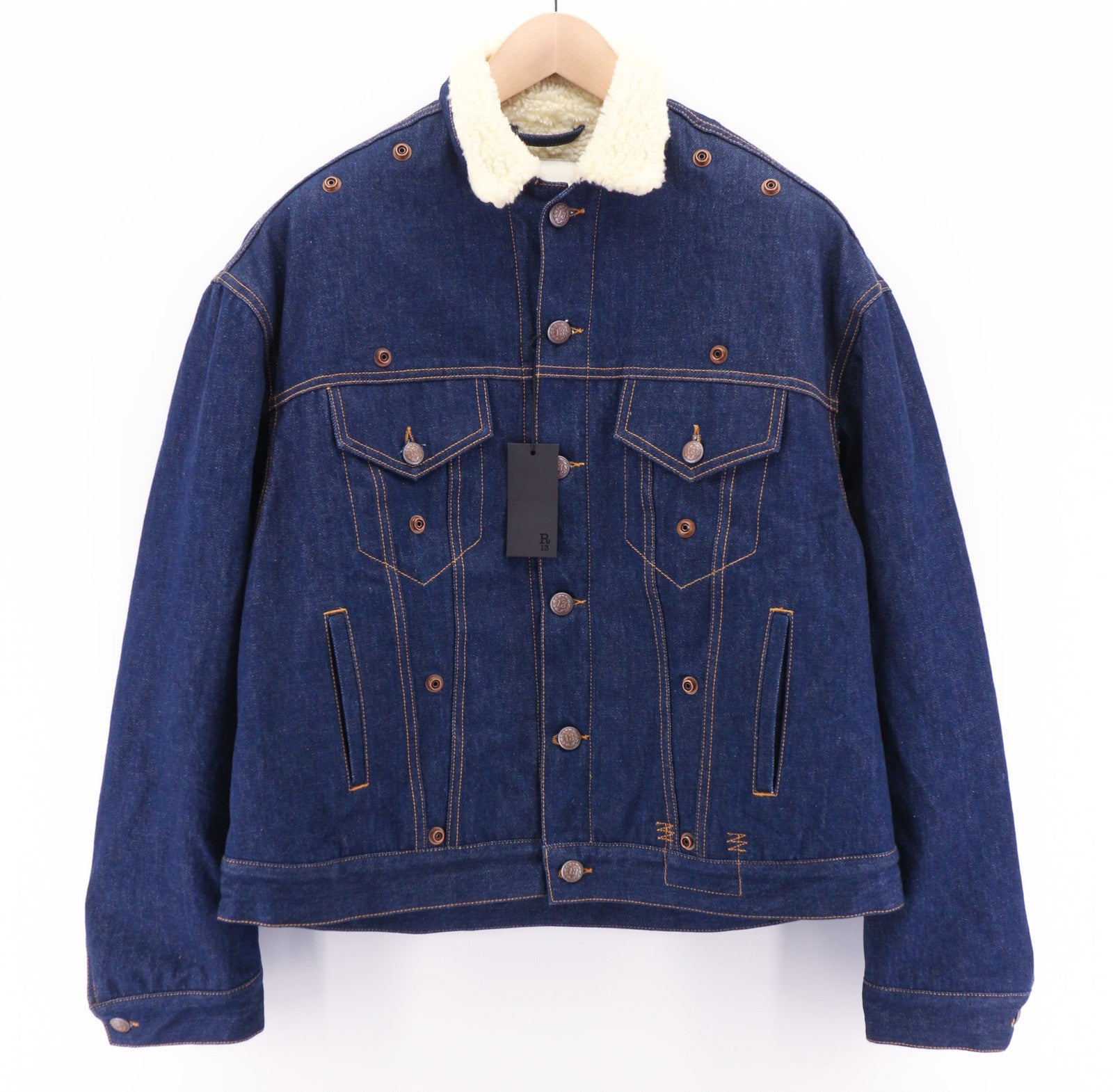 R13 Bib Trucker Men's Jacket M Sherpa Lined Denim Button Mid Blue Logo