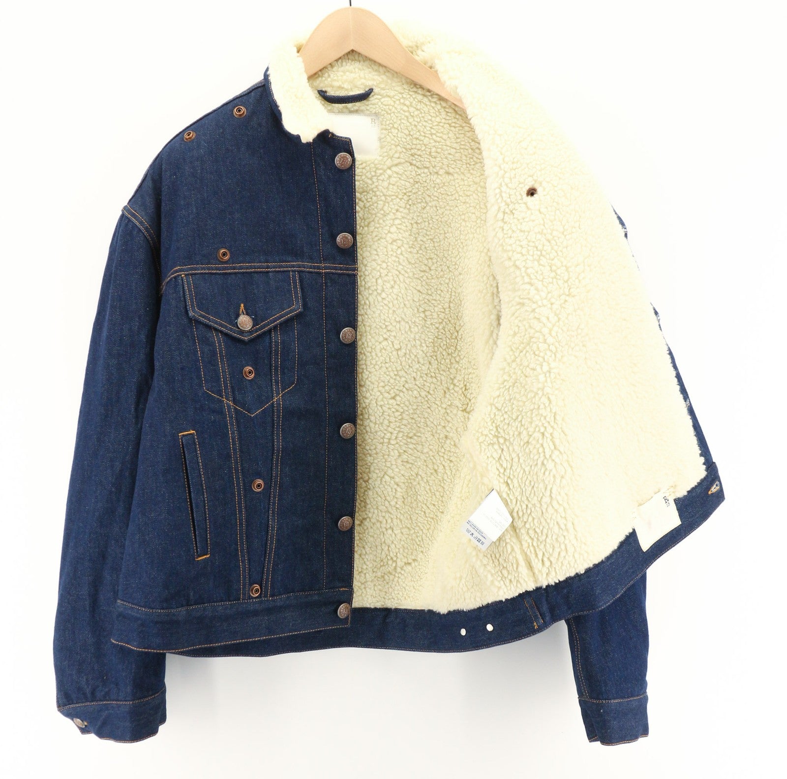 R13 Bib Trucker Men's Jacket M Sherpa Lined Denim Button Mid Blue Logo