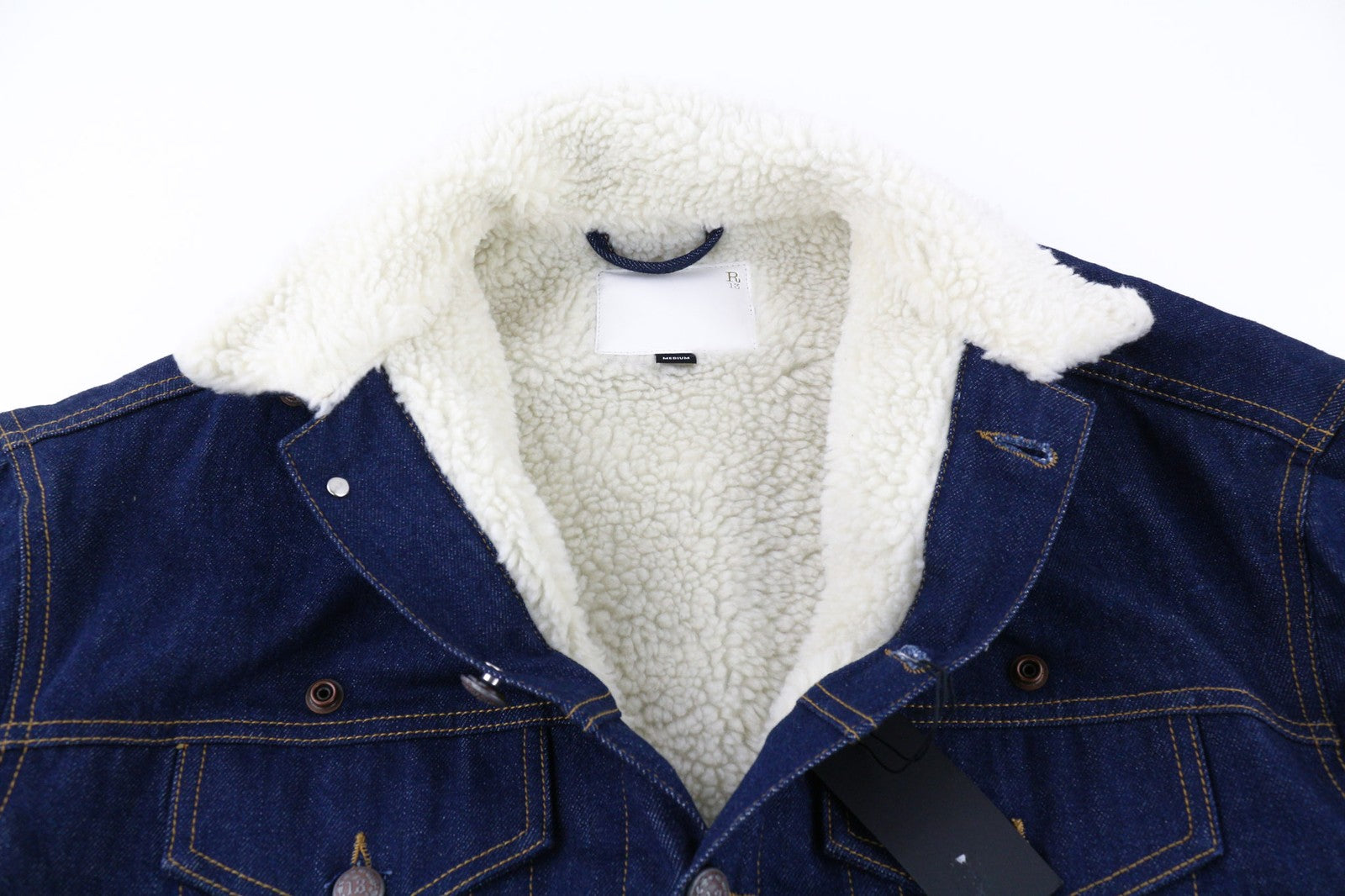 R13 Bib Trucker Men's Jacket M Sherpa Lined Denim Button Mid Blue Logo