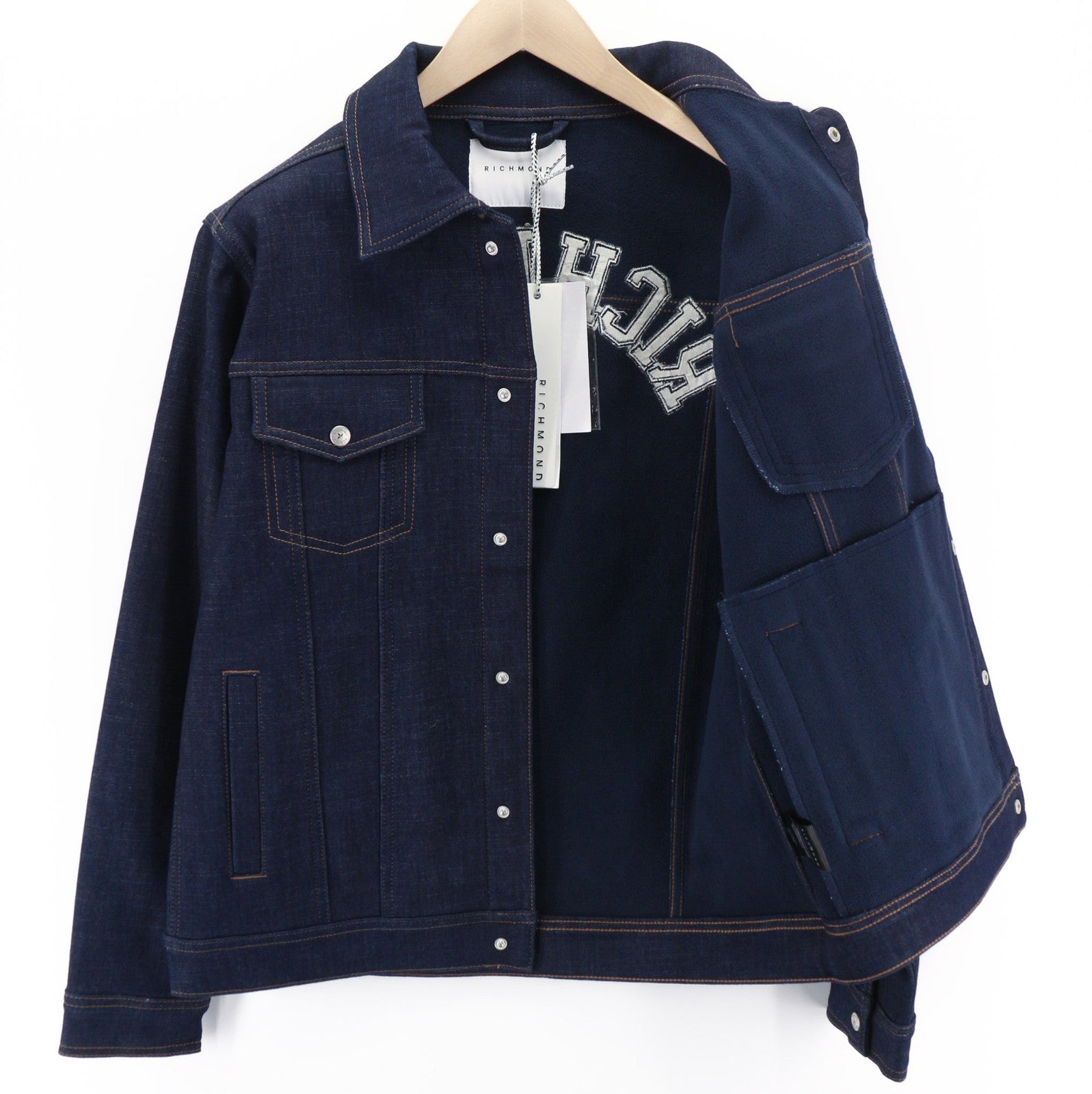 JOHN RICHMOND Men's Jacket ~M Denim Trucker Polo Neck Button Dark Blue Logo