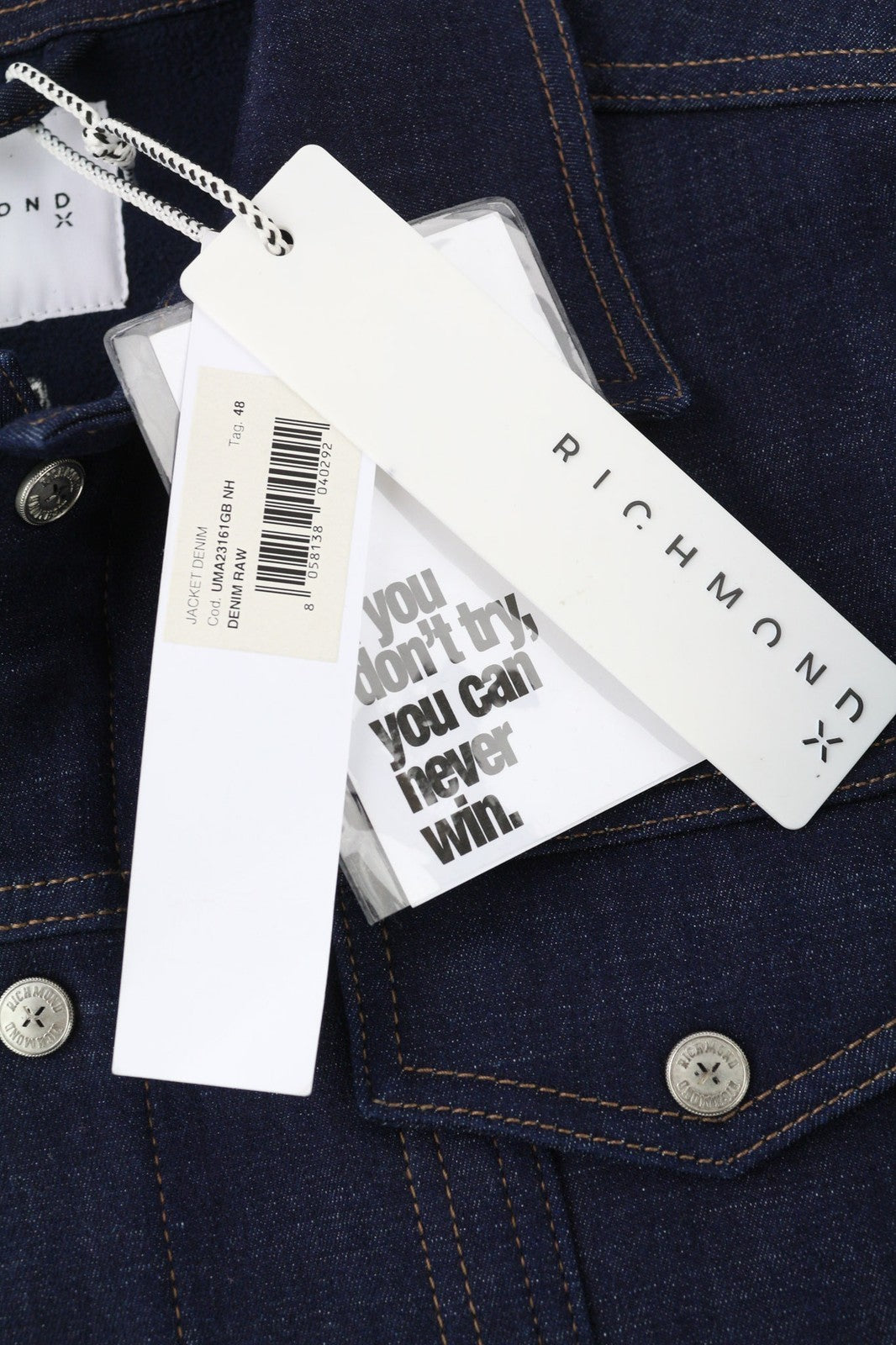 JOHN RICHMOND Men's Jacket ~M Denim Trucker Polo Neck Button Dark Blue Logo