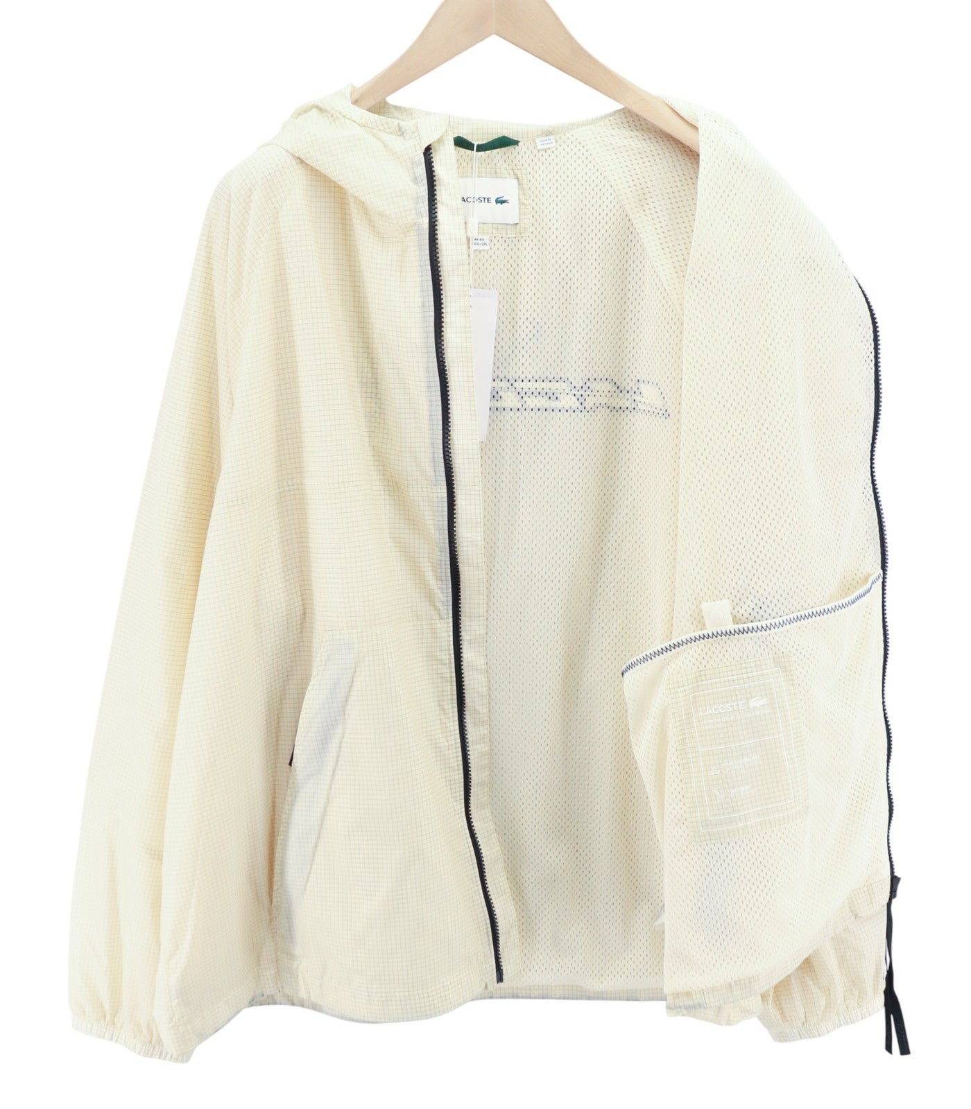 LACOSTE Men's Jacket XL/2XL Beige Hooded Water Repellent Check Light Coat