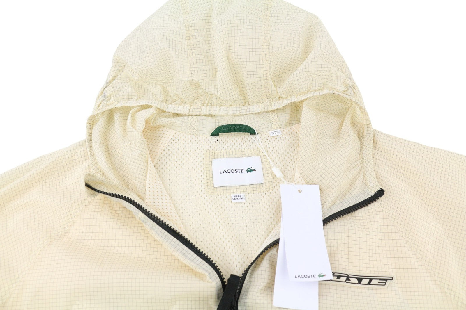 LACOSTE Men's Jacket XL/2XL Beige Hooded Water Repellent Check Light Coat