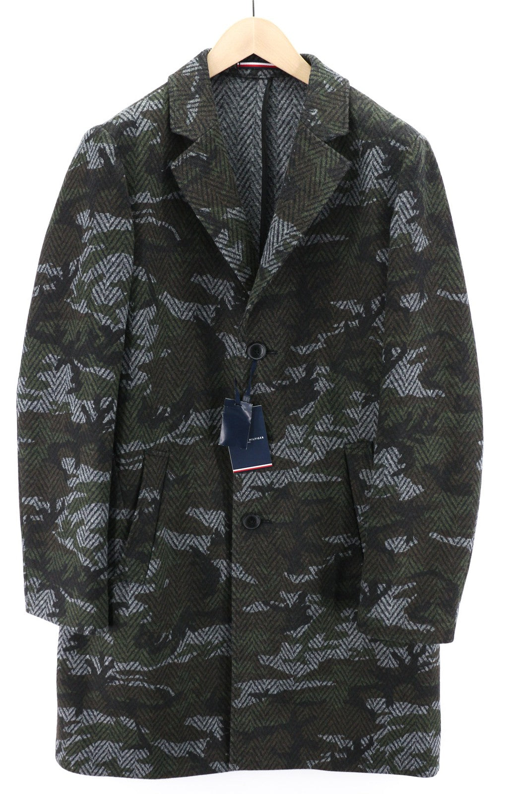 TOMMY HILFIGER Men's Coat ~M Wool Blend Herringbone Camo Single Breasted