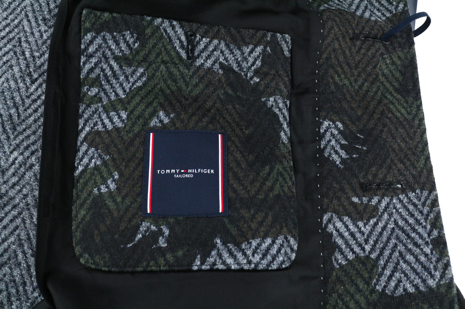 TOMMY HILFIGER Men's Coat ~M Wool Blend Herringbone Camo Single Breasted