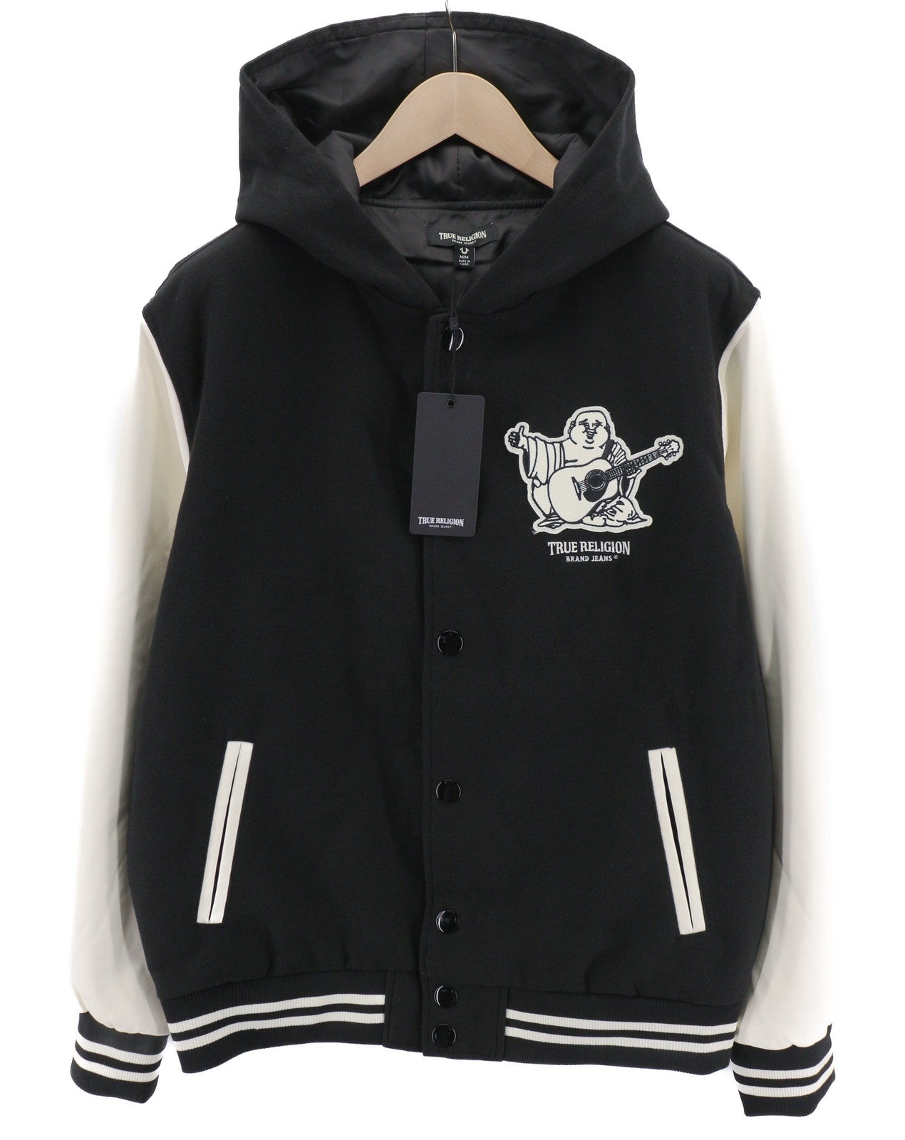 TRUE RELIGION Men's Jacket L Black Varsity Bomber Two Tone Hooded Logo