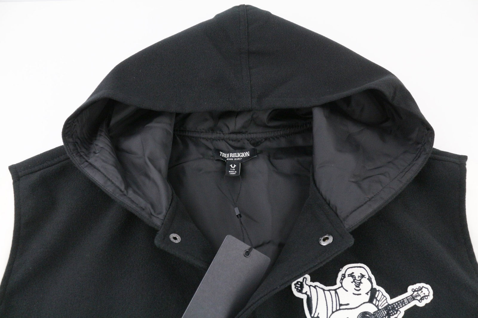 TRUE RELIGION Men's Jacket L Black Varsity Bomber Two Tone Hooded Logo