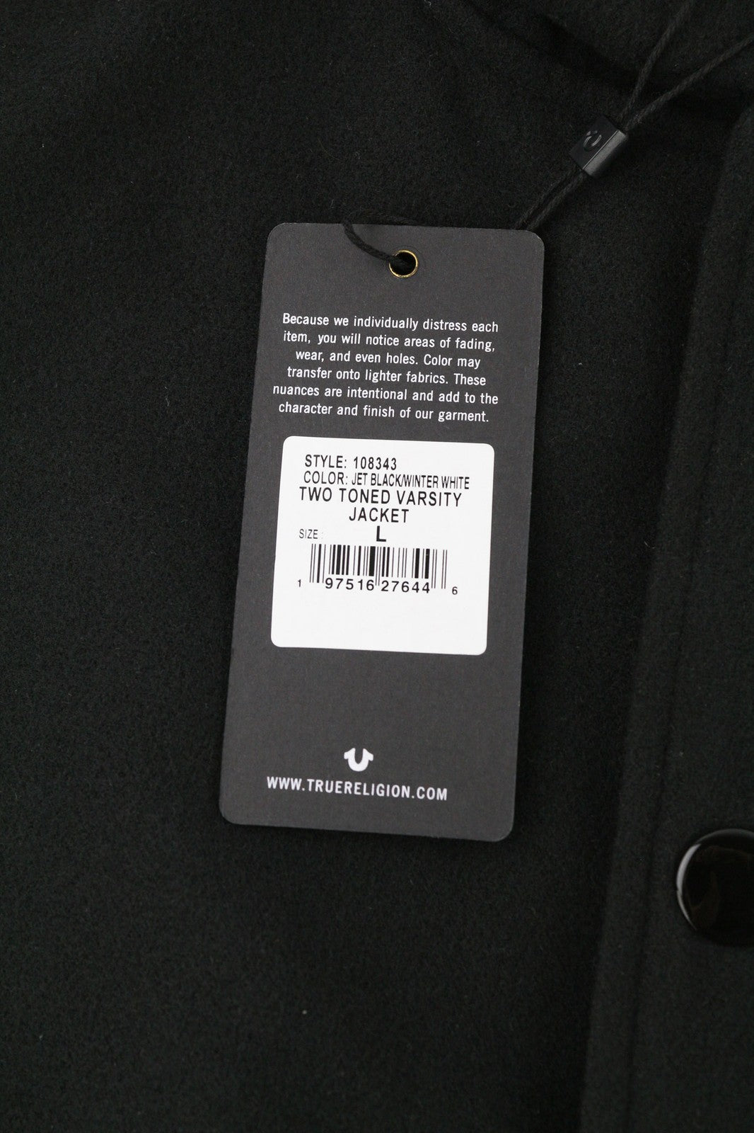 TRUE RELIGION Men's Jacket L Black Varsity Bomber Two Tone Hooded Logo