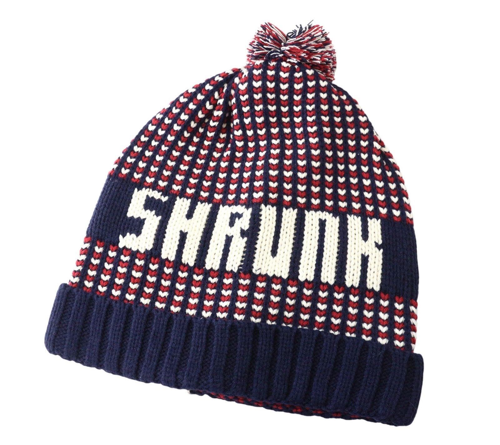 SCOTCH SHRUNK Boys Hat M Blue Red Pattern Knit Beanie Pom Pom Winter Cap
