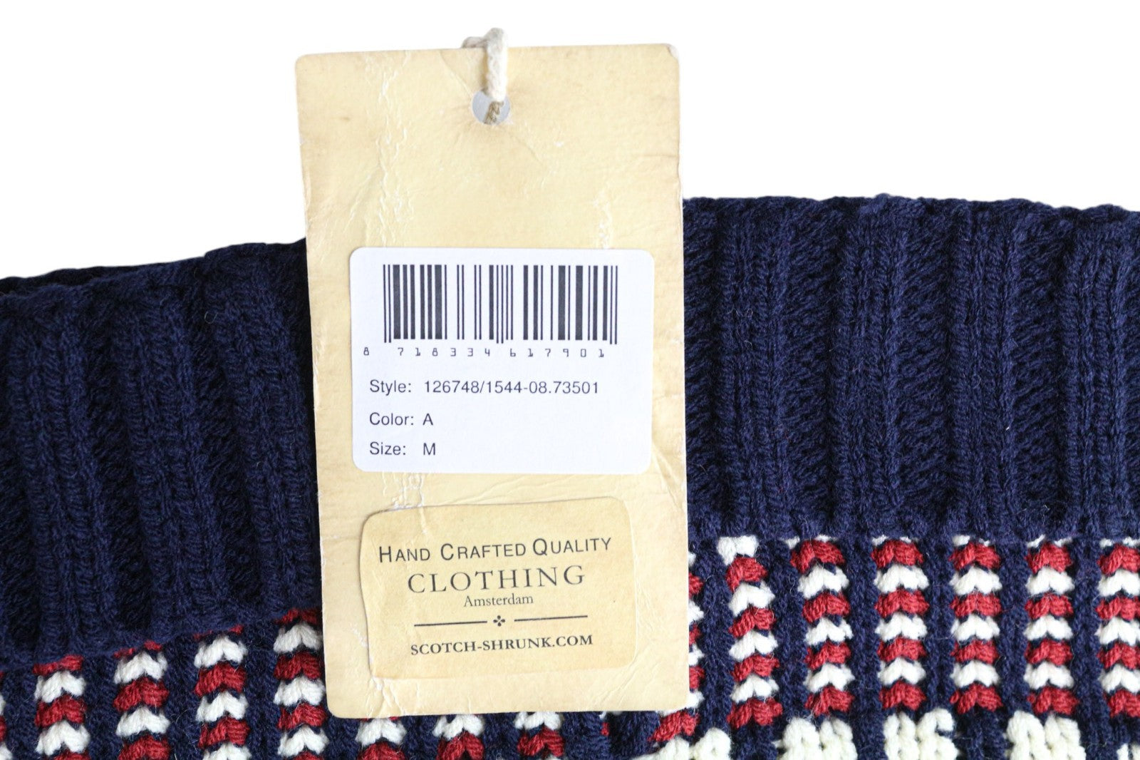 SCOTCH SHRUNK Boys Hat M Blue Red Pattern Knit Beanie Pom Pom Winter Cap