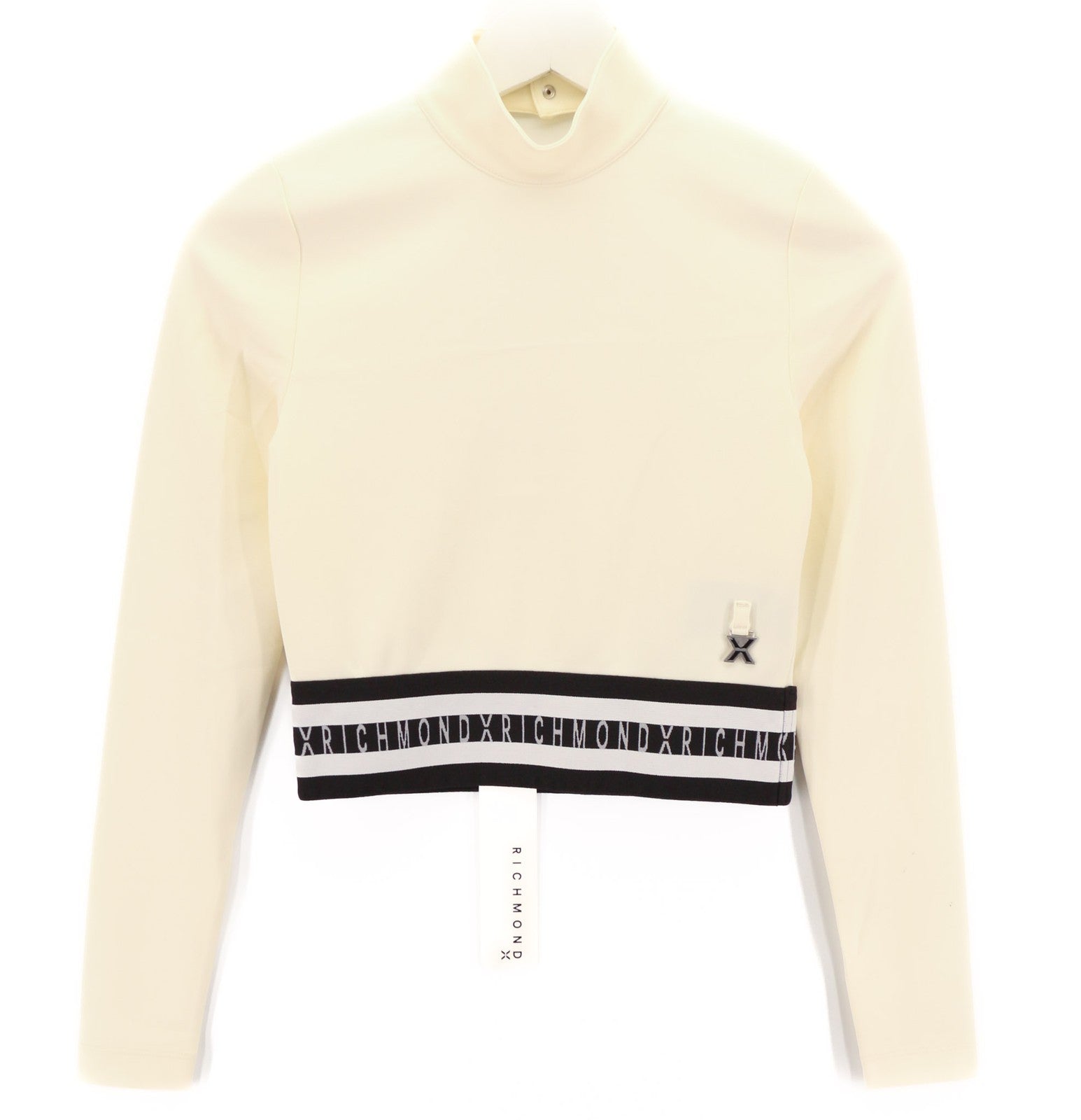 RICHMOND Women's Ivory Jumper S Cropped Pullover Mock Neck Metal Logo Detail