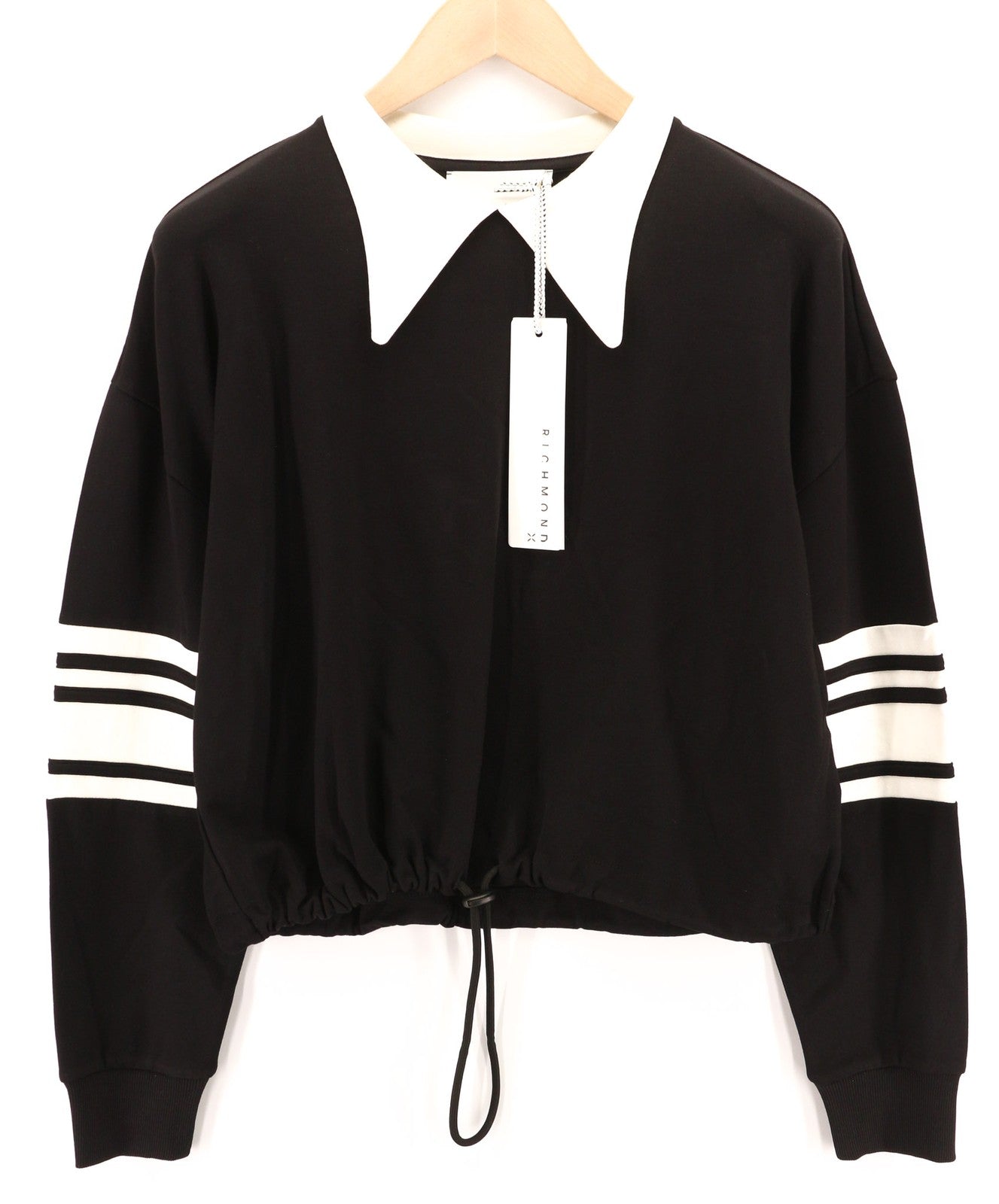 JOHN RICHMOND Women's Sweatshirt S Cropped Stripe Black Logo Drawstring Hem