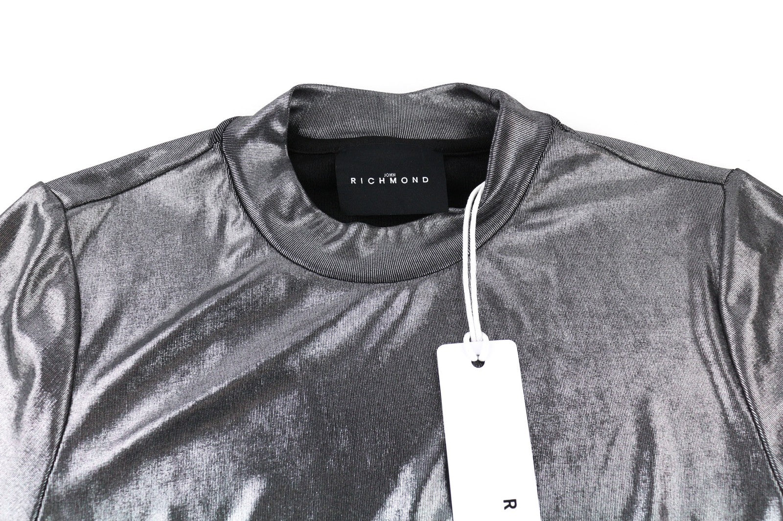 JOHN RICHMOND Women's Sweatshirt S Silver Shiny Round Neck Long Sleeve