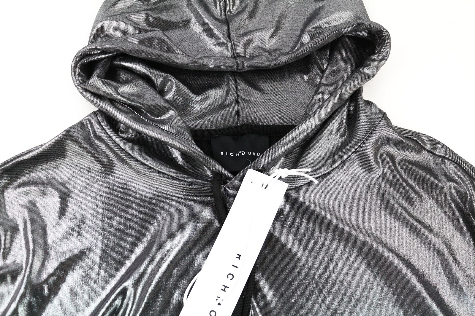 JOHN RICHMOND Women's Sweatshirt S Silver Shiny Round Neck Pullover Hoodie