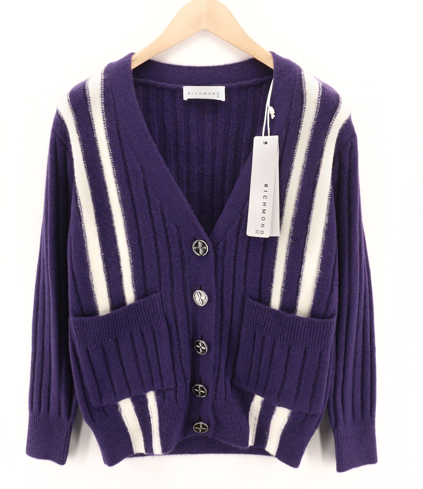 RICHMOND X Women's Cardigan S White Violet Knit V-Neck Buttoned Long Sleeve