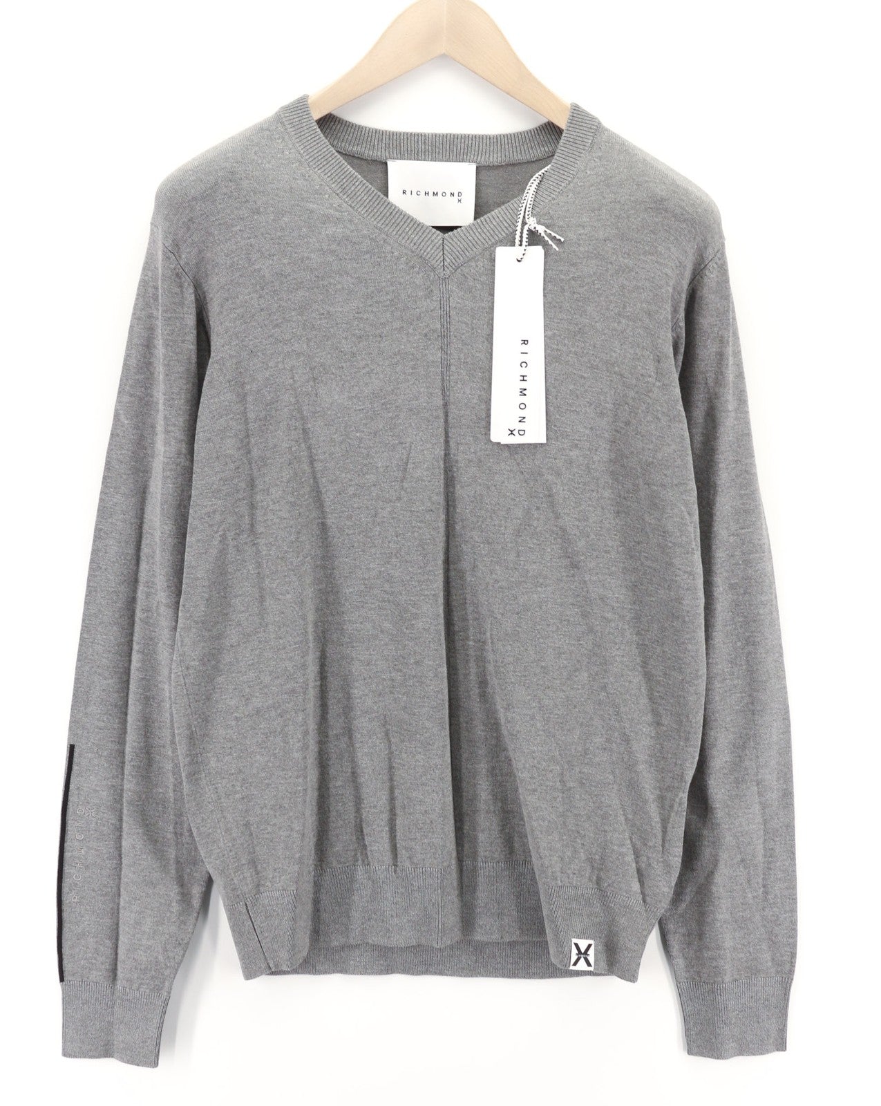 RICHMOND X Men's Jumper M Grey V-Neck Knit Pullover Logo Long Sleeve Casual