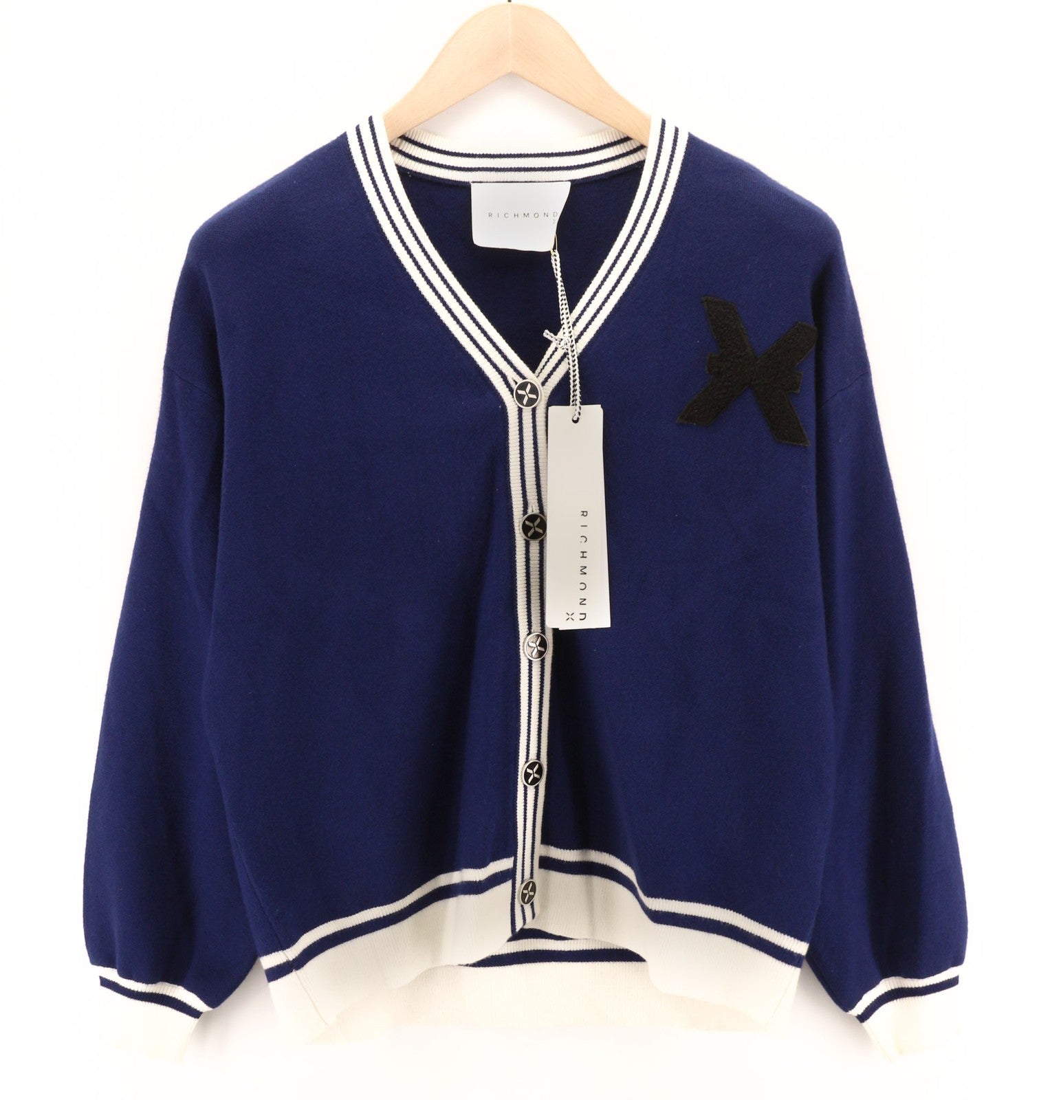 RICHMOND X Women's Cardigan S Blue Knit V-Neck Logo Button Long Sleeve