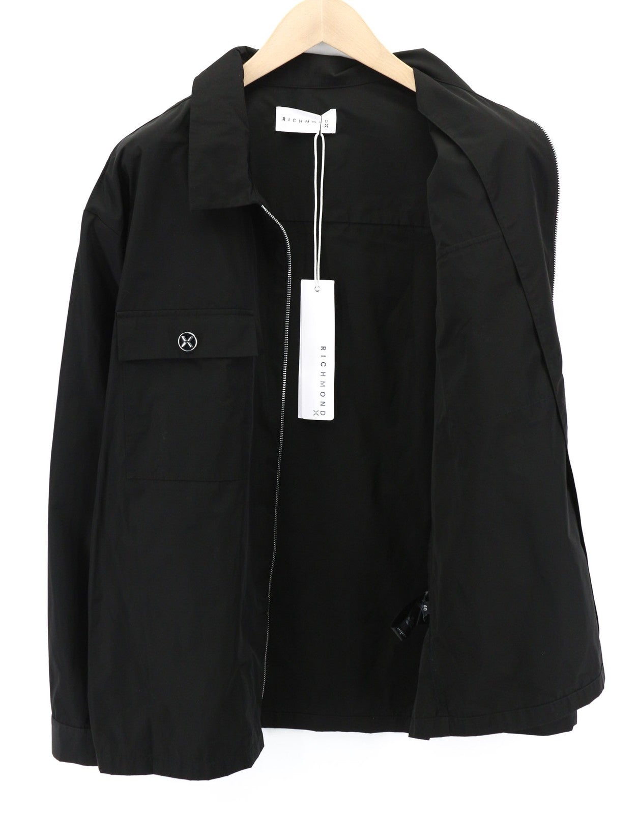 RICHMOND X Men's Overshirt 40 Black Zip Pocket Long Sleeve Collared Button Shirt