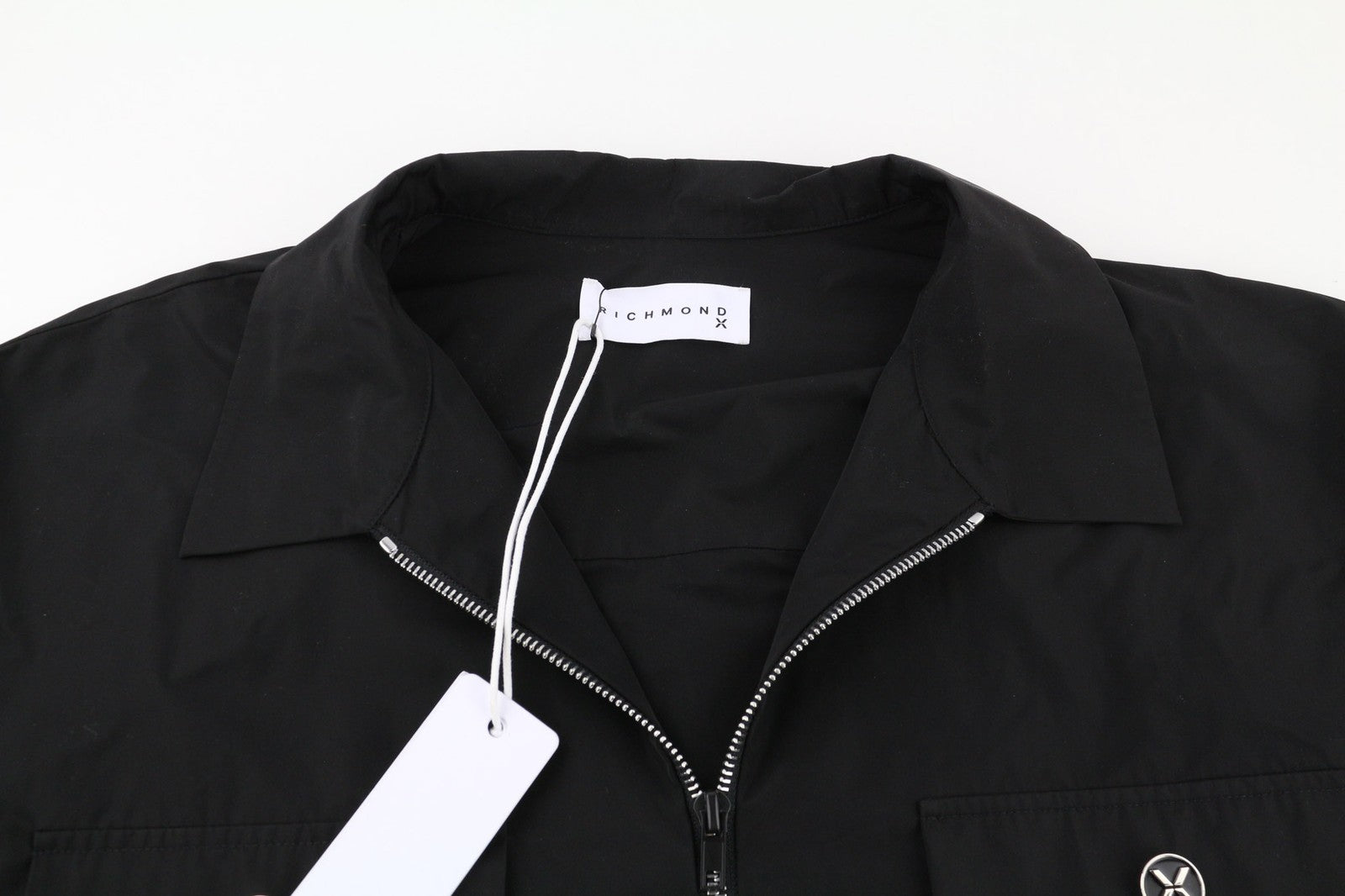 RICHMOND X Men's Overshirt 40 Black Zip Pocket Long Sleeve Collared Button Shirt