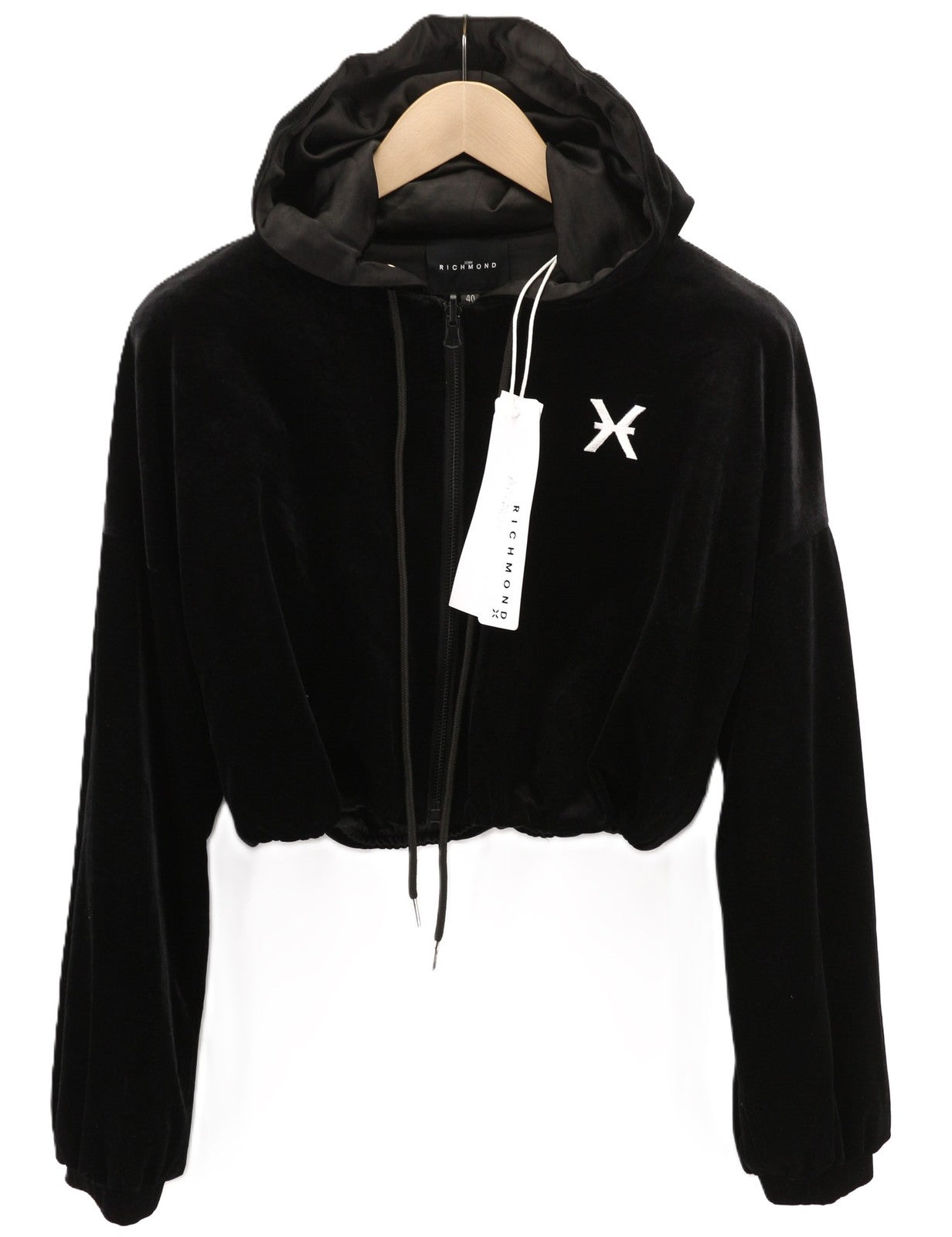 RICHMOND X Women's Sweatshirt 40 Black Two-Way Zip Cropped Hooded Strap Detail