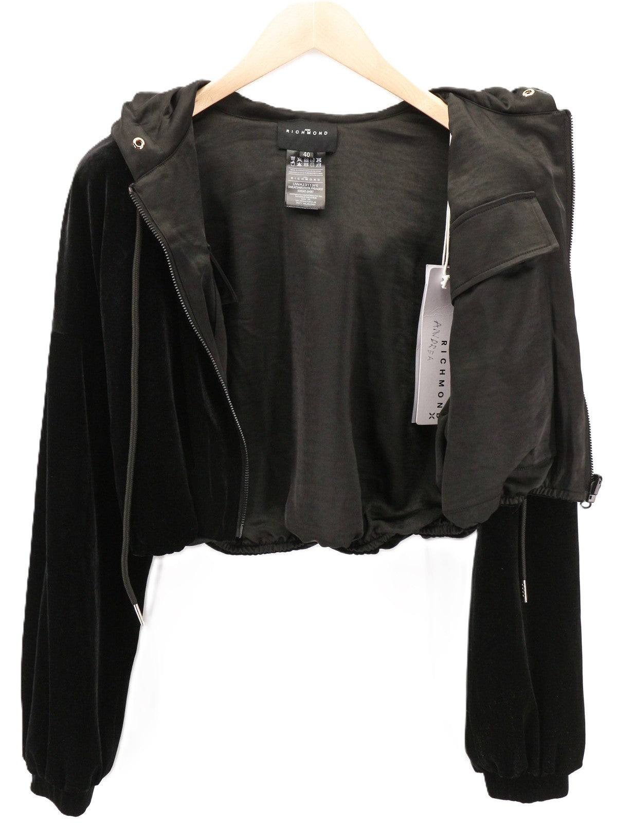 RICHMOND X Women's Sweatshirt 40 Black Two-Way Zip Cropped Hooded Strap Detail