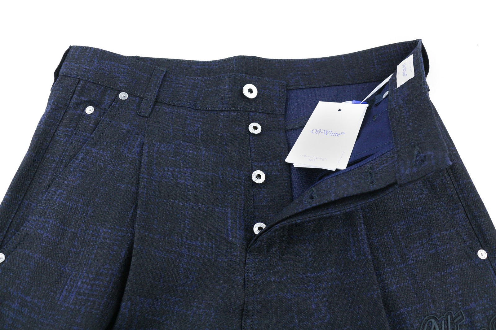 OFF-WHITE Men's Trousers W31 Linen Blend Black Blue Baggy Pleated Tapered RRP600