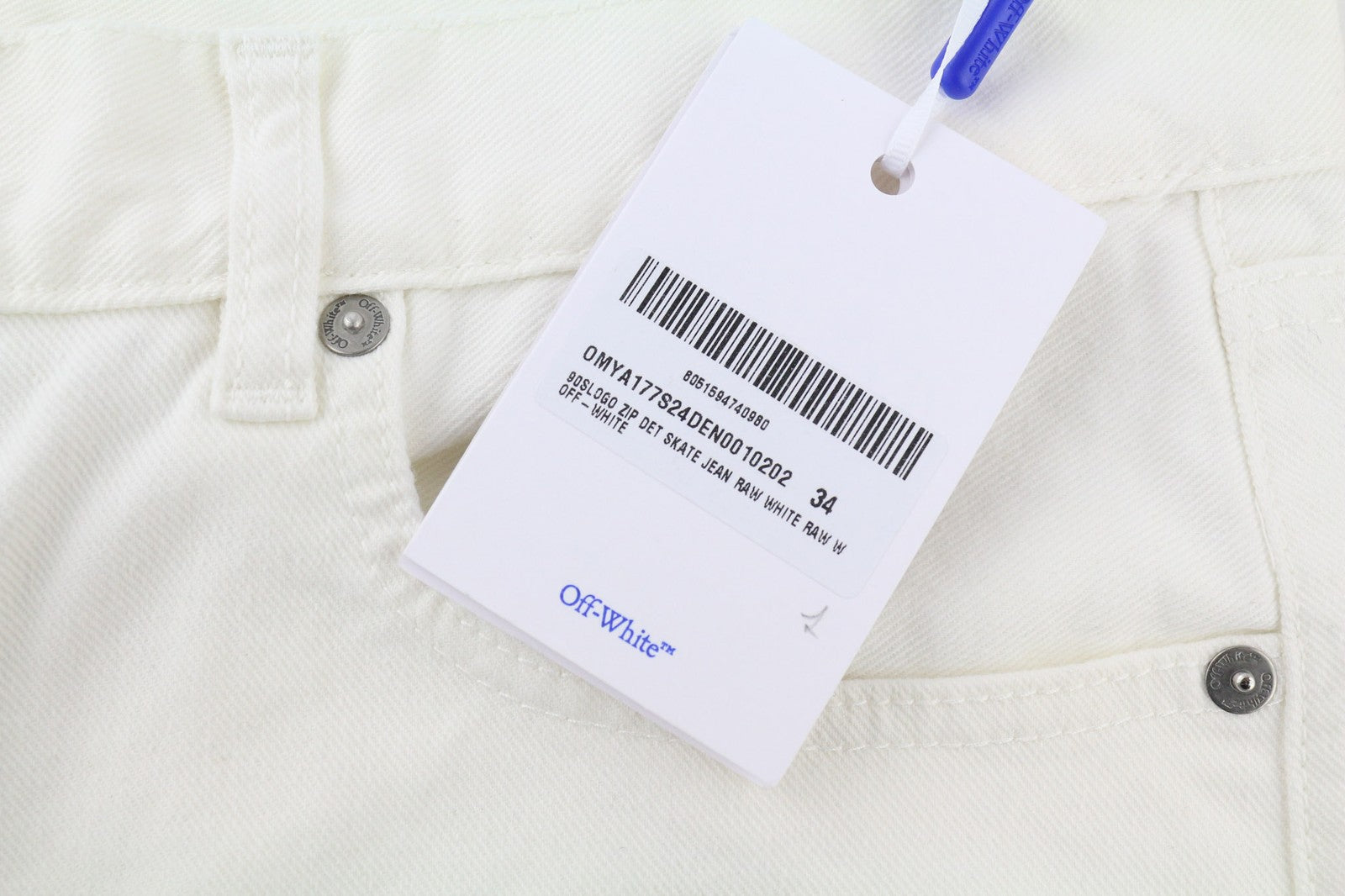 OFF-WHITE Men's Jeans W34 90s Logo Straight Raw White Cotton Stretch RRP667