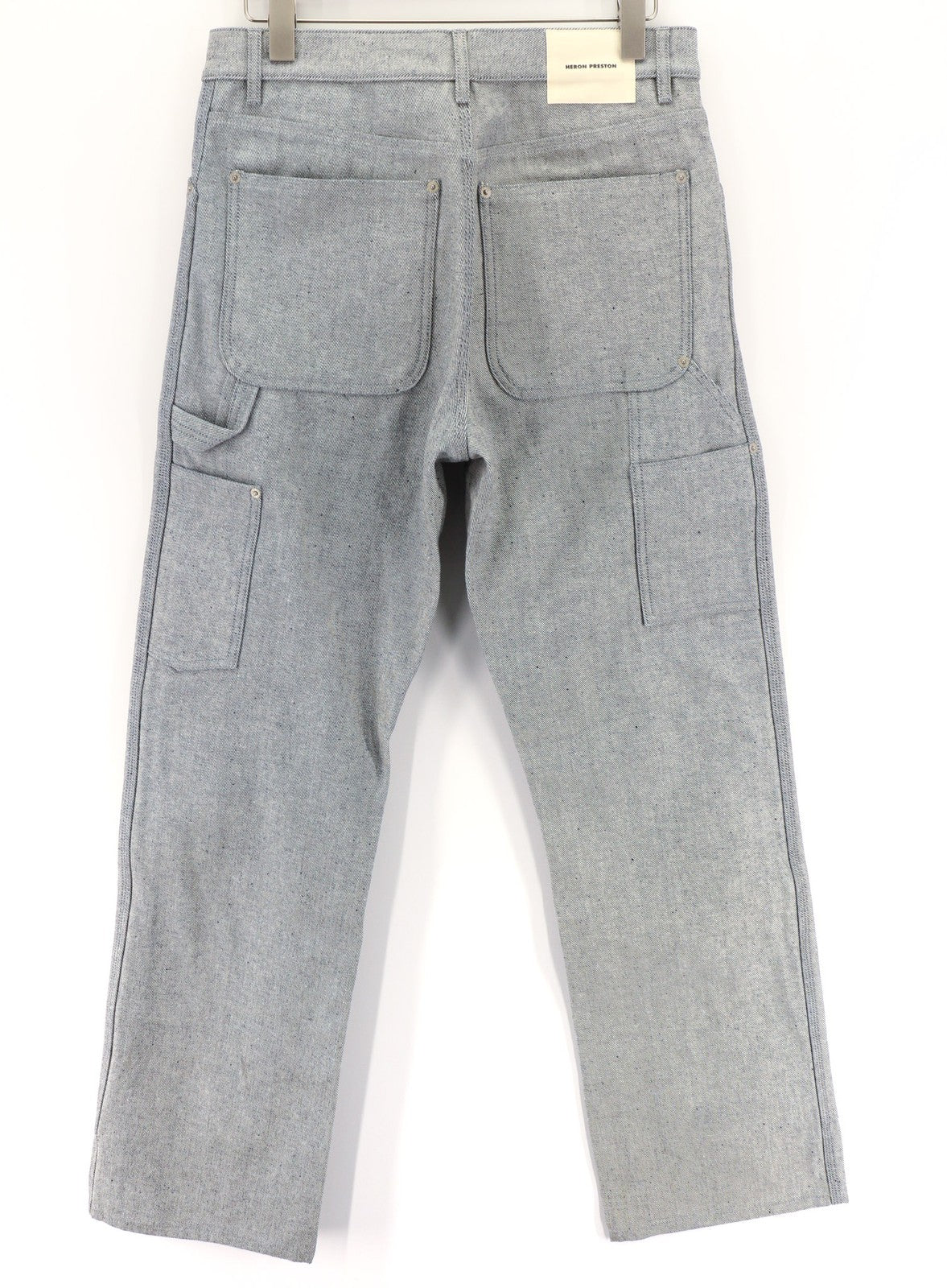 HERON PRESTON Men's Trousers M Washed Light Blue Cotton Straight Button Fly