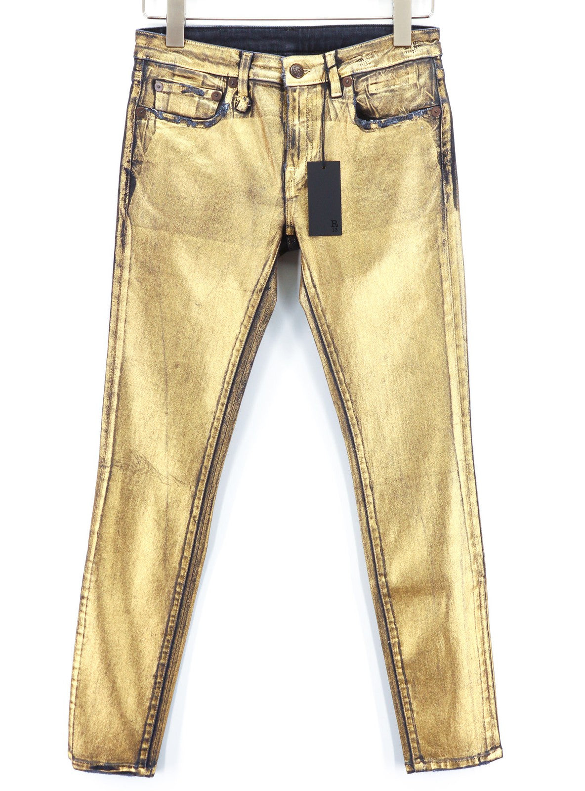 R13 Kate Women's Jeans 27 Skinny Fit Coated Gold Waxed Cotton Stretch