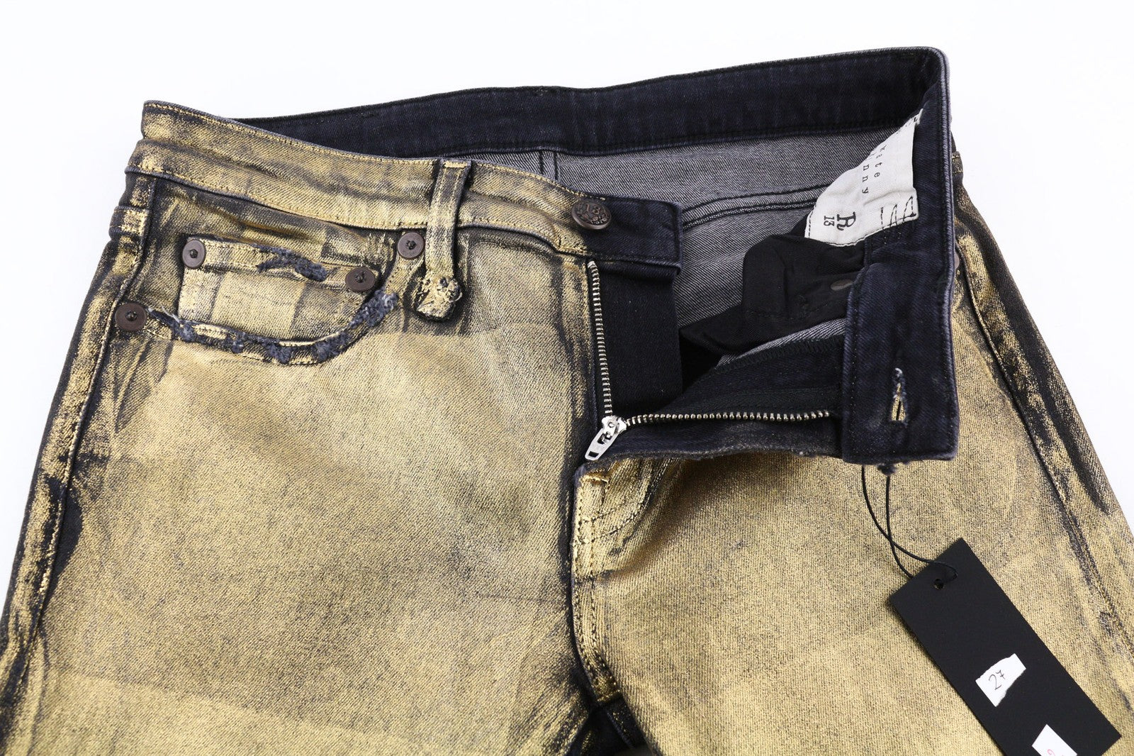 R13 Kate Women's Jeans 27 Skinny Fit Coated Gold Waxed Cotton Stretch