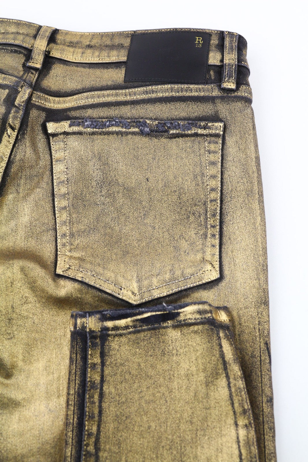 R13 Kate Women's Jeans 27 Skinny Fit Coated Gold Waxed Cotton Stretch