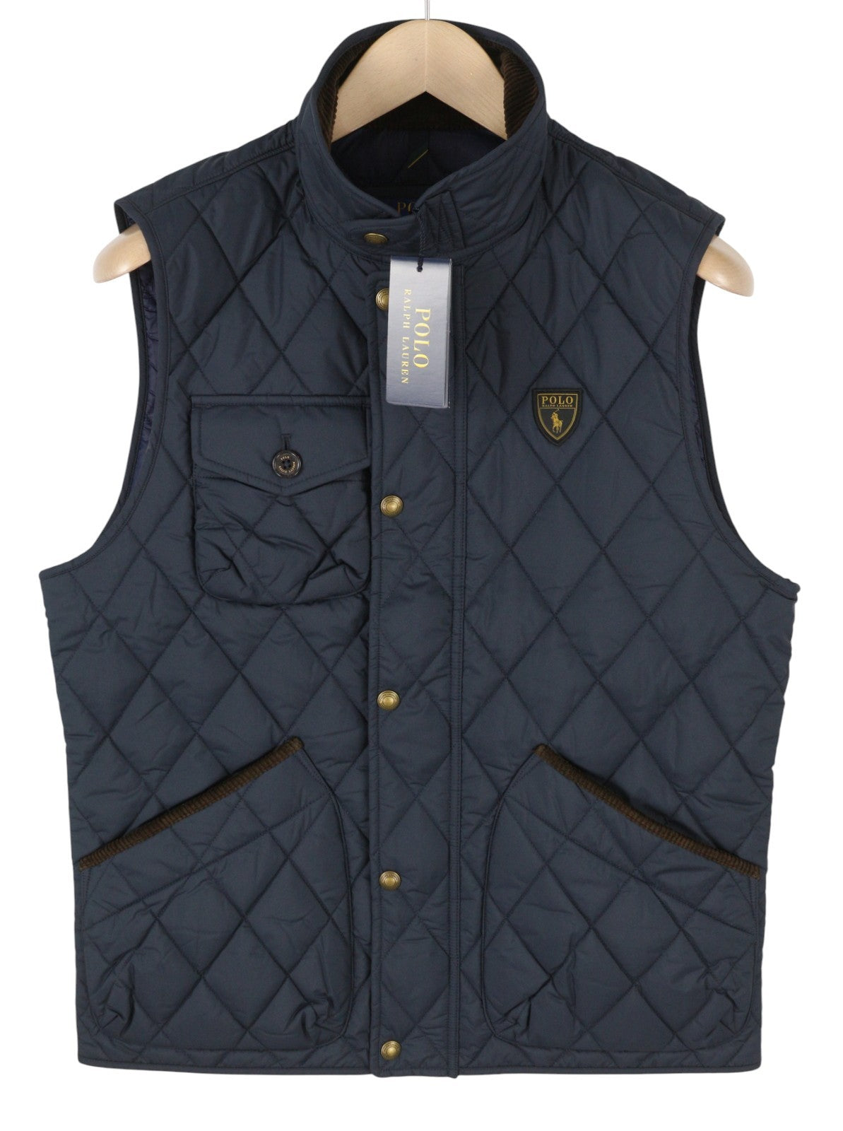 RALPH LAUREN Beaton Men Waistcoat S Blue Corduroy Trimmed Quilted Logo RRP310