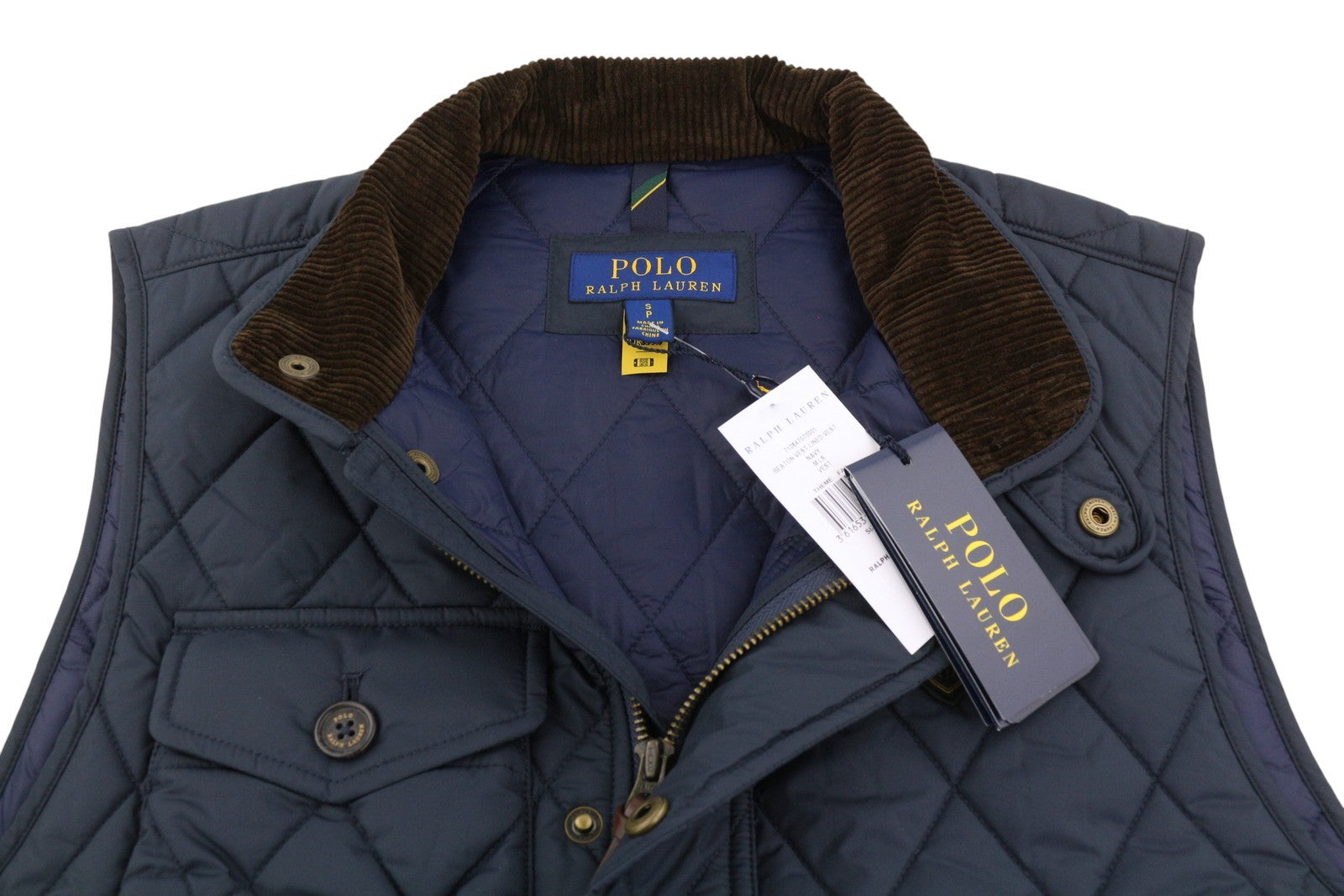 RALPH LAUREN Beaton Men Waistcoat S Blue Corduroy Trimmed Quilted Logo RRP310