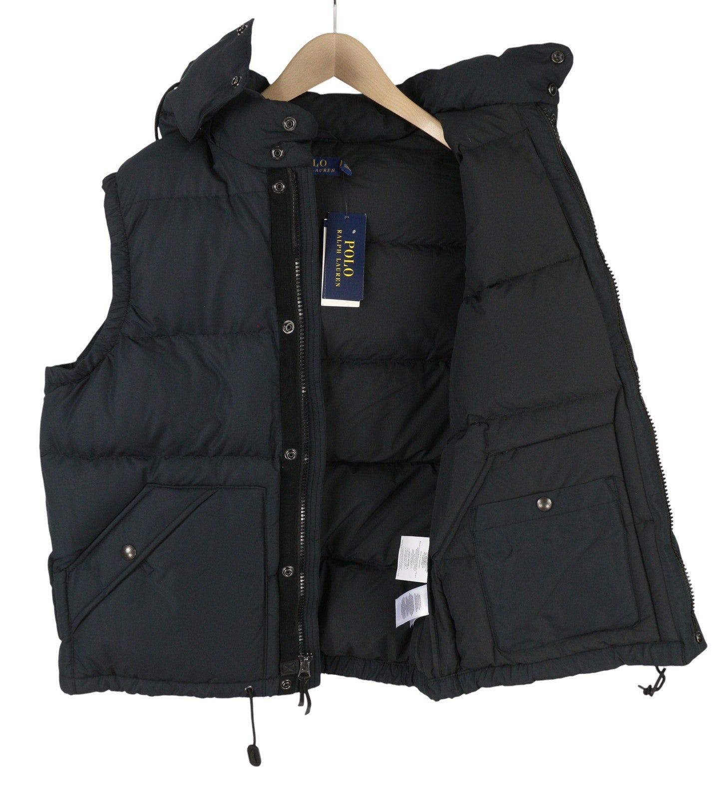 RALPH LAUREN Elmwood Men Waistcoat M Black Duck Down Filled Quilted Hooded Zip