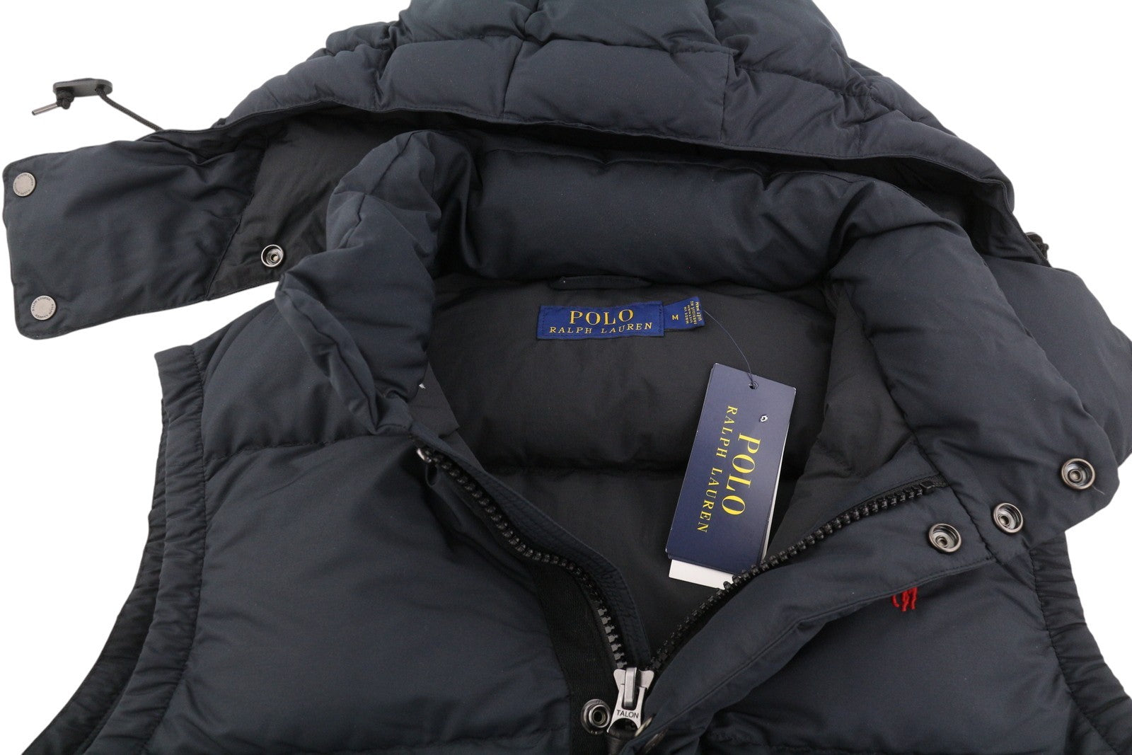 RALPH LAUREN Elmwood Men Waistcoat M Black Duck Down Filled Quilted Hooded Zip