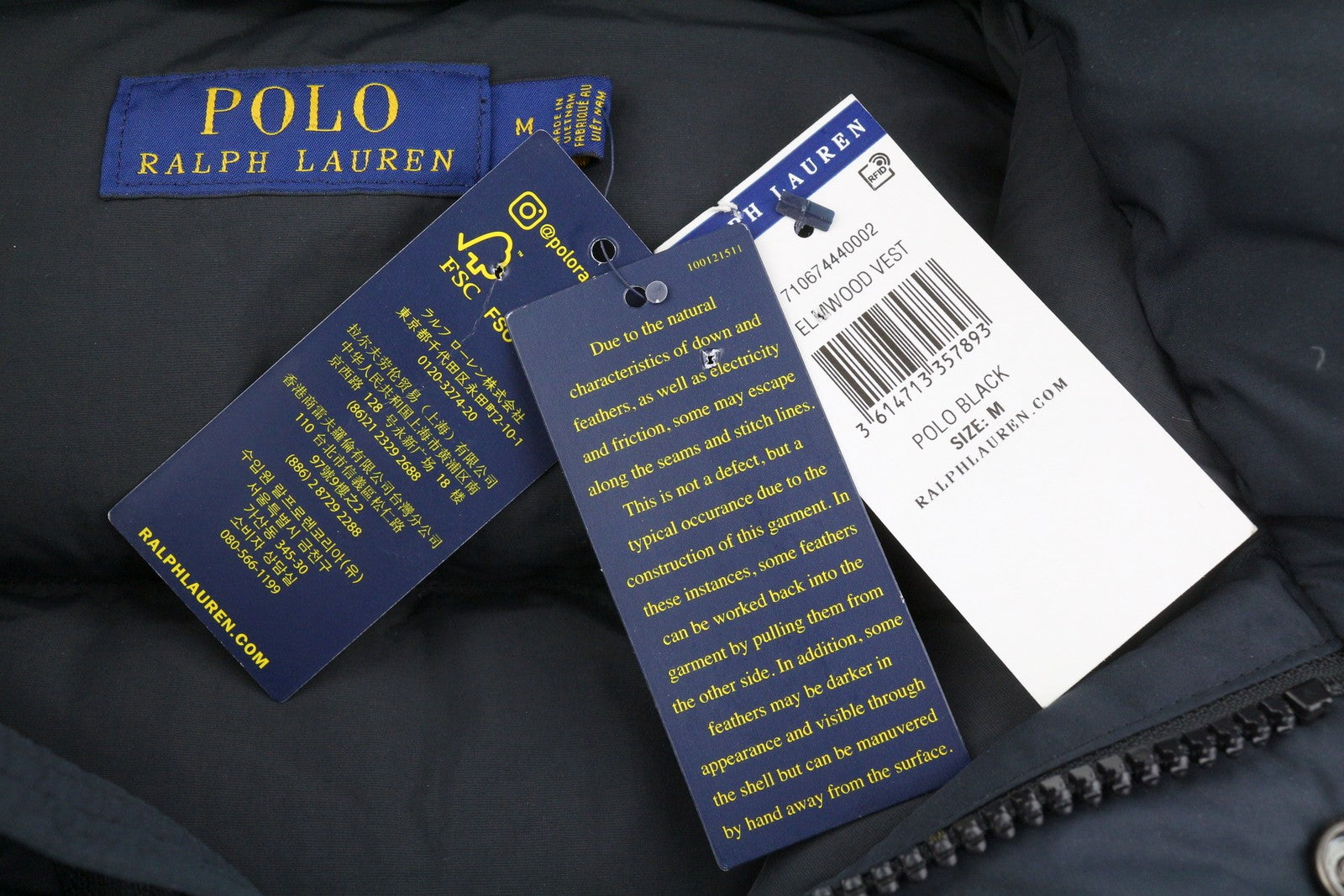 RALPH LAUREN Elmwood Men Waistcoat M Black Duck Down Filled Quilted Hooded Zip