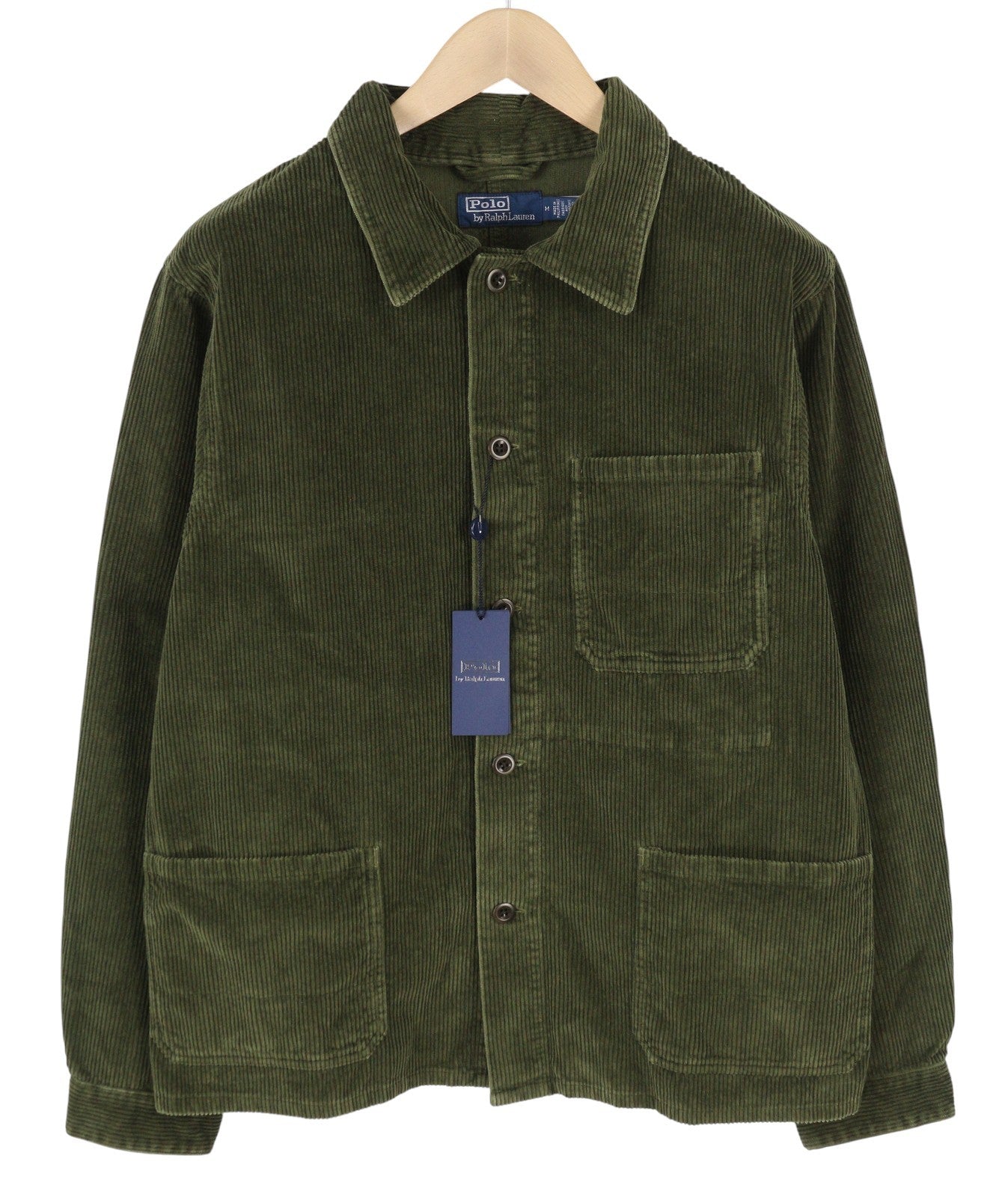 RALPH LAUREN Men Shirt M Green Corduroy Button-Up Patch Pockets Logo Overshirt