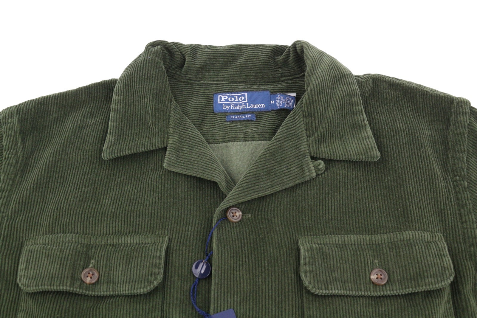 RALPH LAUREN Men Shirt M Green Corduroy Classic Fit Patch Pockets Logo Casual