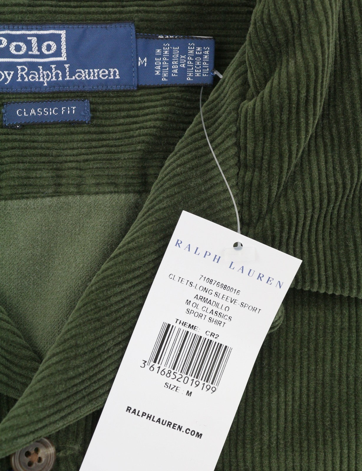RALPH LAUREN Men Shirt M Green Corduroy Classic Fit Patch Pockets Logo Casual
