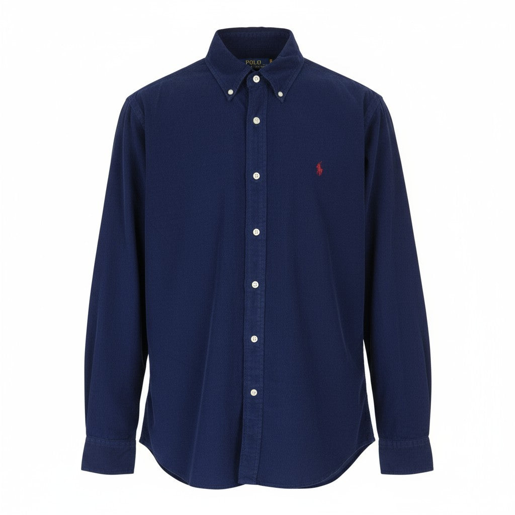 RALPH LAUREN Men Shirt L Blue Corduroy Custom Fit Button Down Neck Logo RRP169