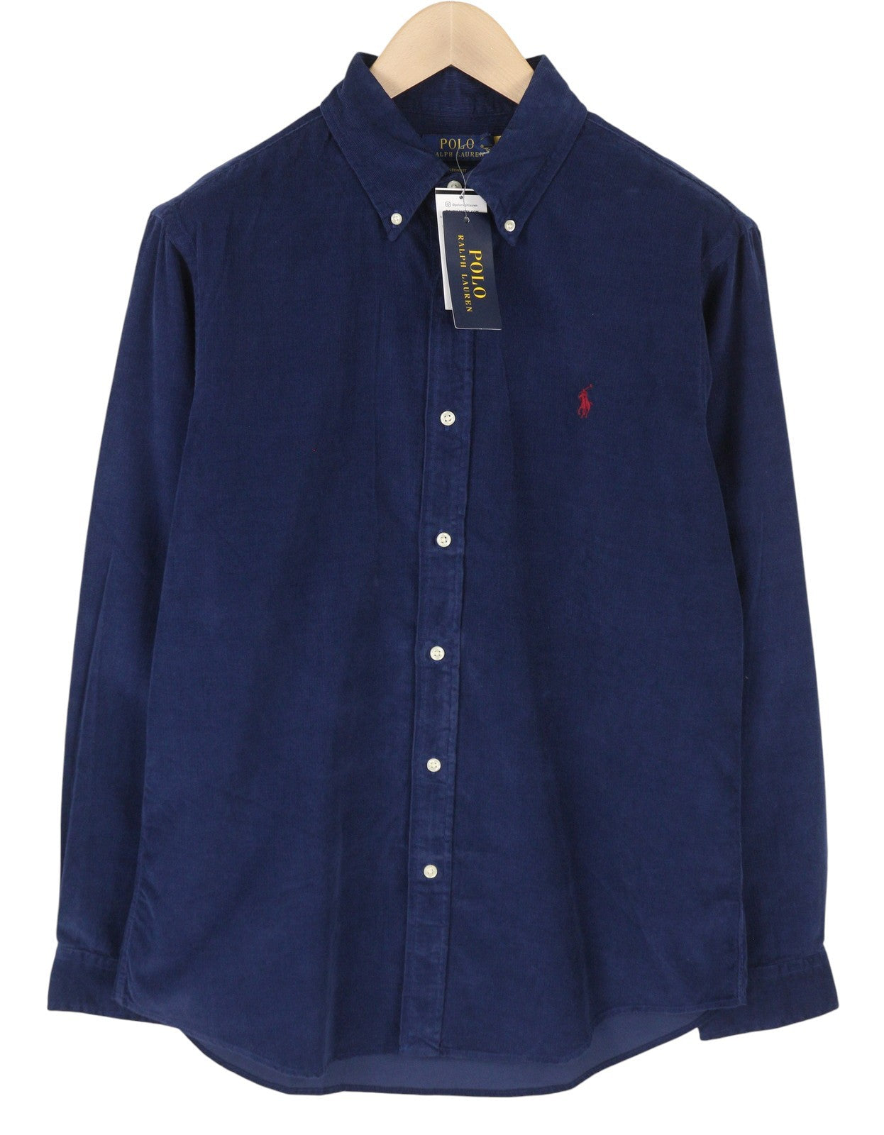 RALPH LAUREN Men Shirt L Blue Corduroy Custom Fit Button Down Neck Logo RRP169