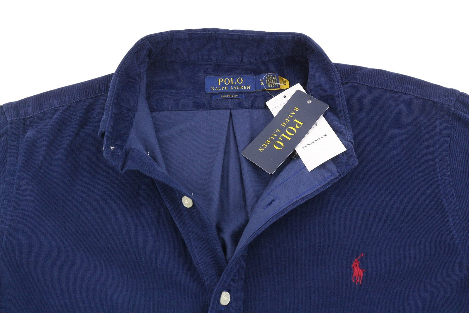 RALPH LAUREN Men Shirt L Blue Corduroy Custom Fit Button Down Neck Logo RRP169