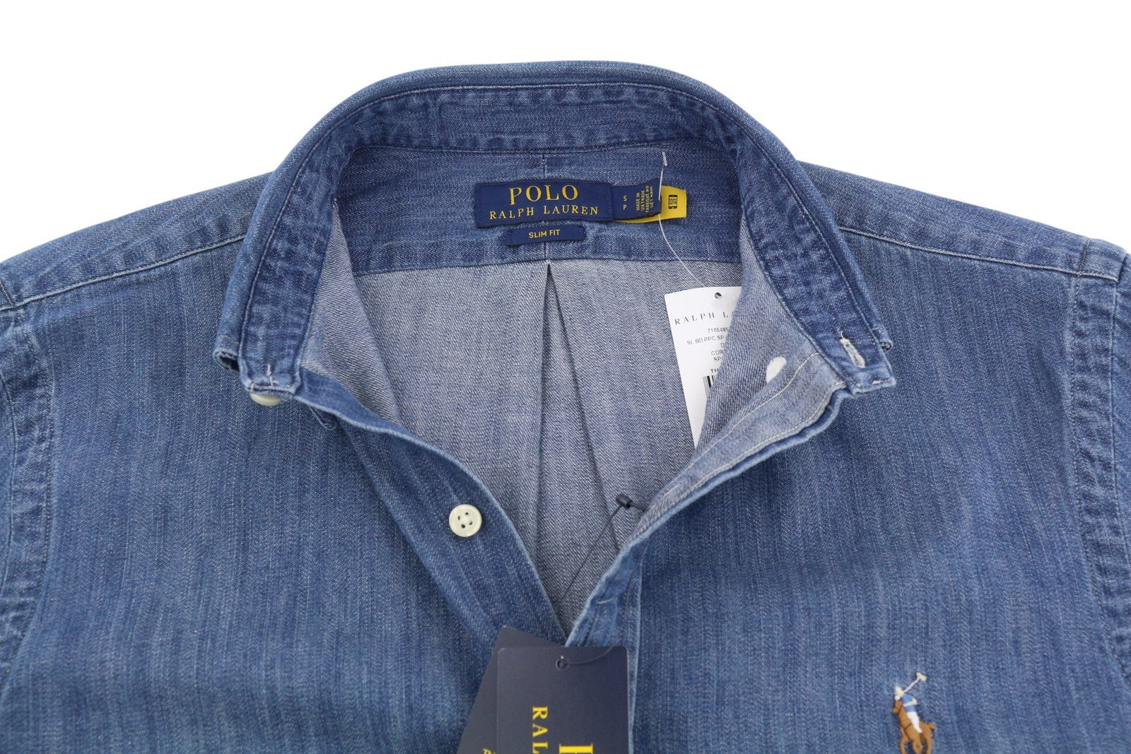 RALPH LAUREN Core Replen Men Shirt S Blue Denim Button Down Neck Slim RRP159