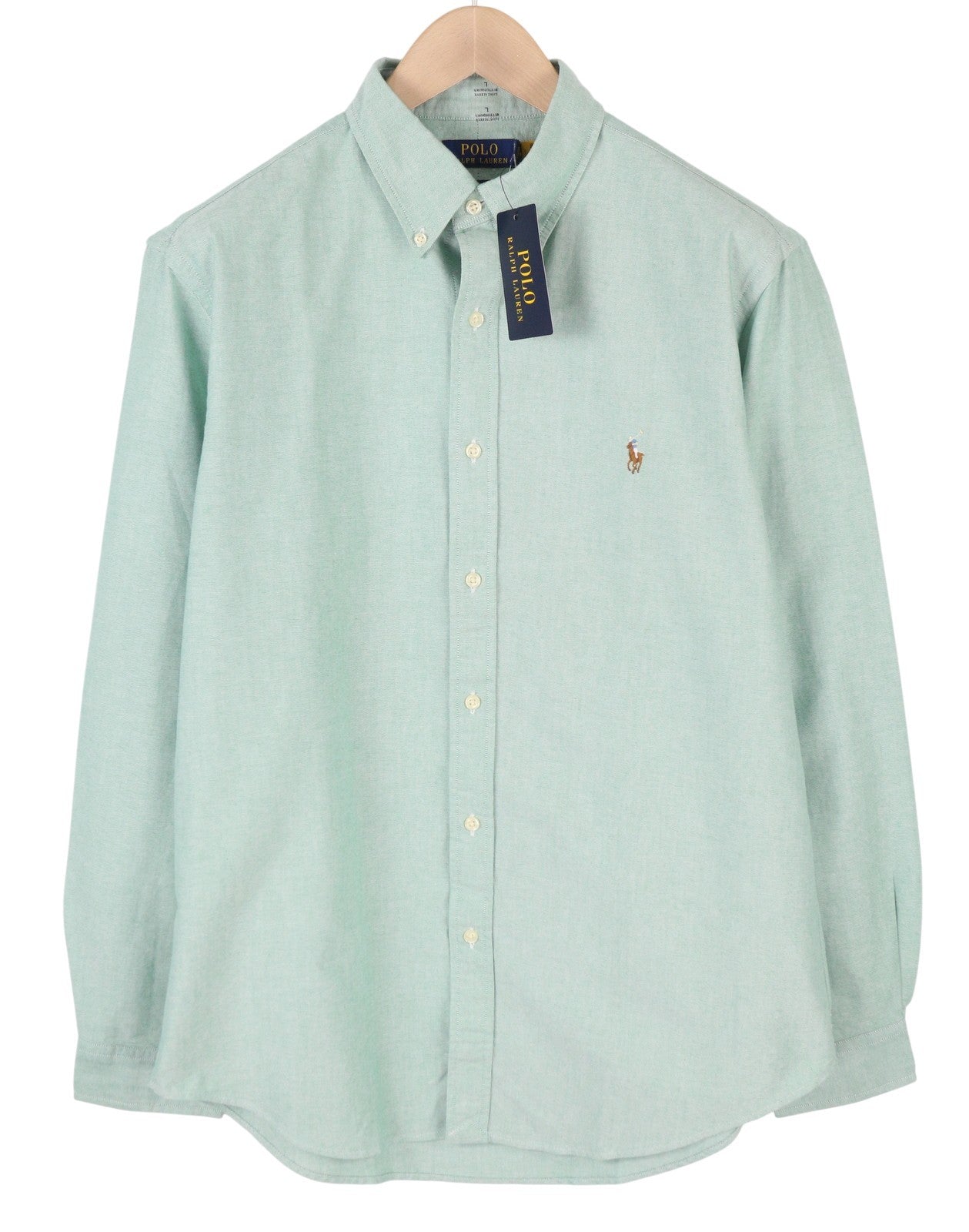 RALPH LAUREN Men Shirt L Green Button-Down Neck Custom Fit Logo Casual RRP169