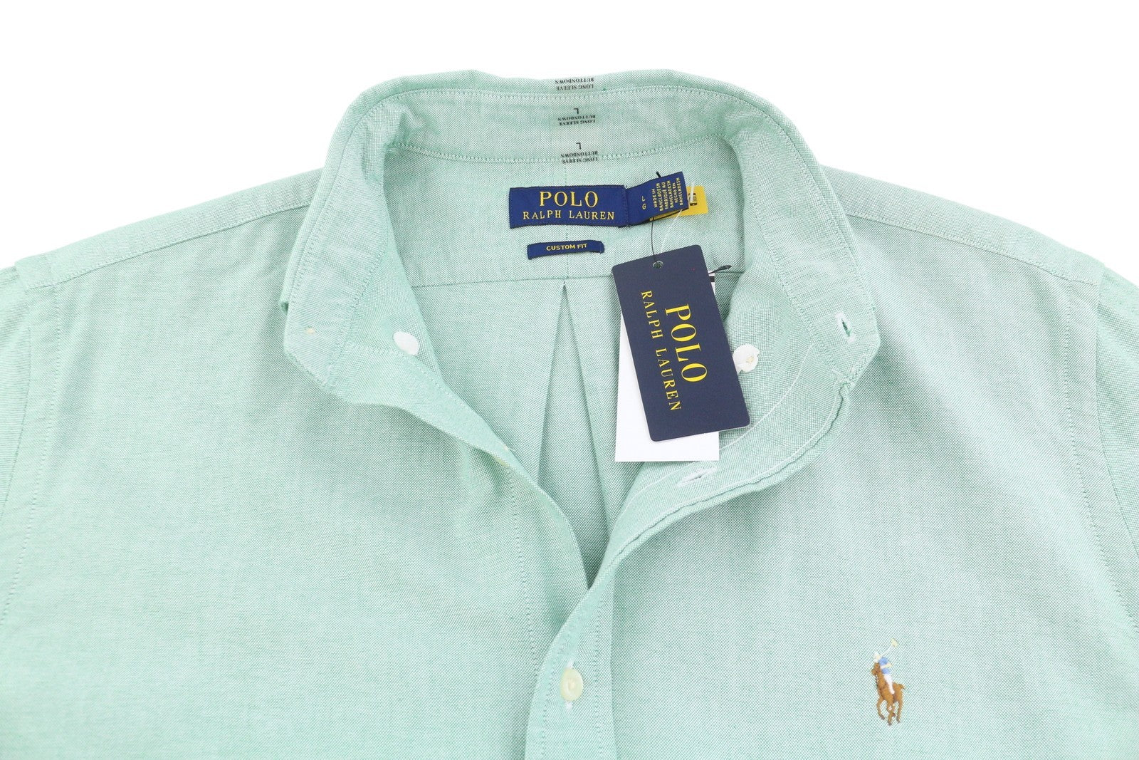 RALPH LAUREN Men Shirt L Green Button-Down Neck Custom Fit Logo Casual RRP169