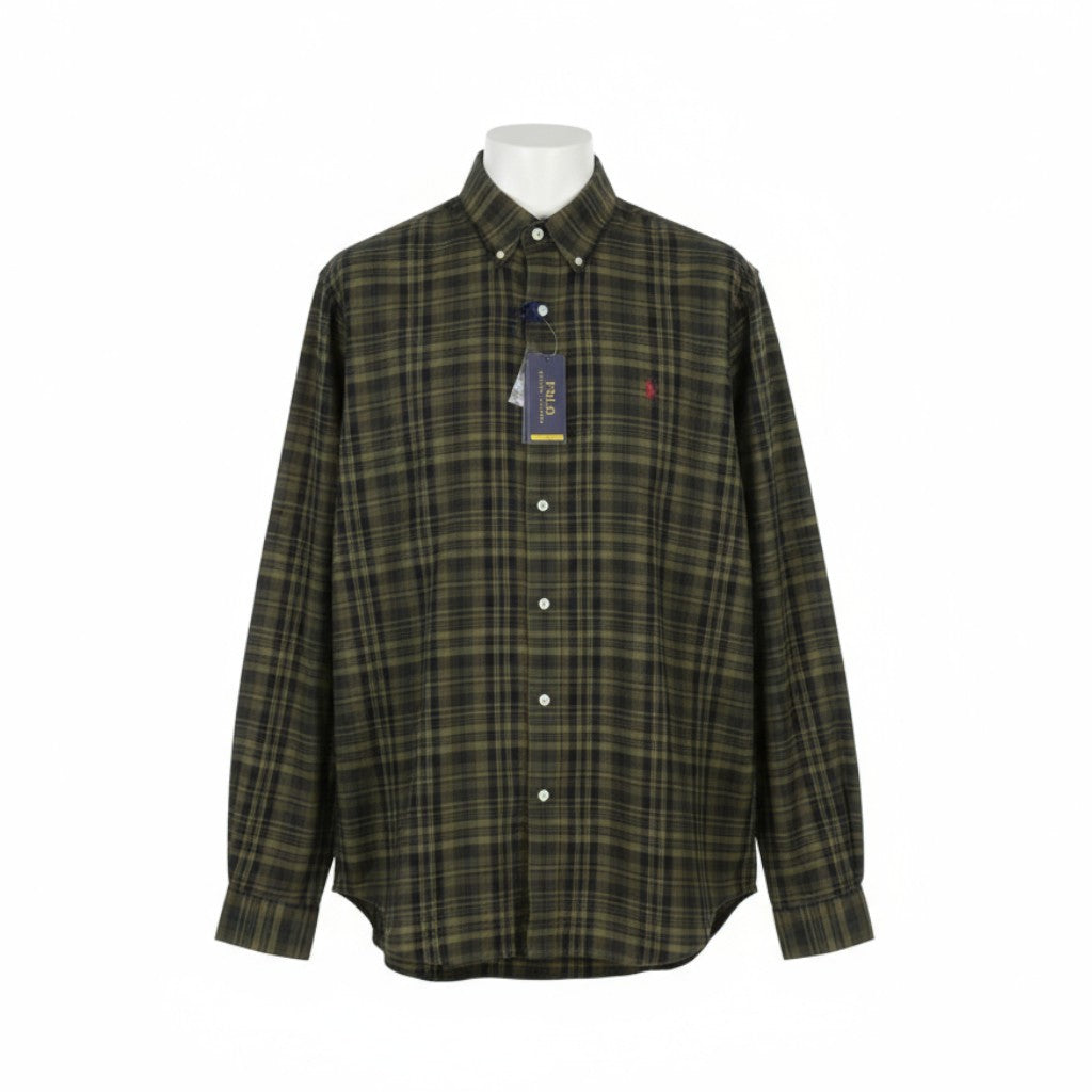 RALPH LAUREN Men Shirt XL Green Flannel Plaid Custom Fit Performance Button-Down