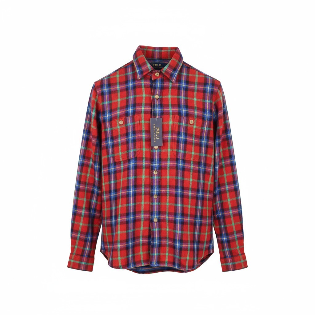 RALPH LAUREN Men Shirt M Red Plaid Classic Fit Spread Neck Button-Up Logo Thick