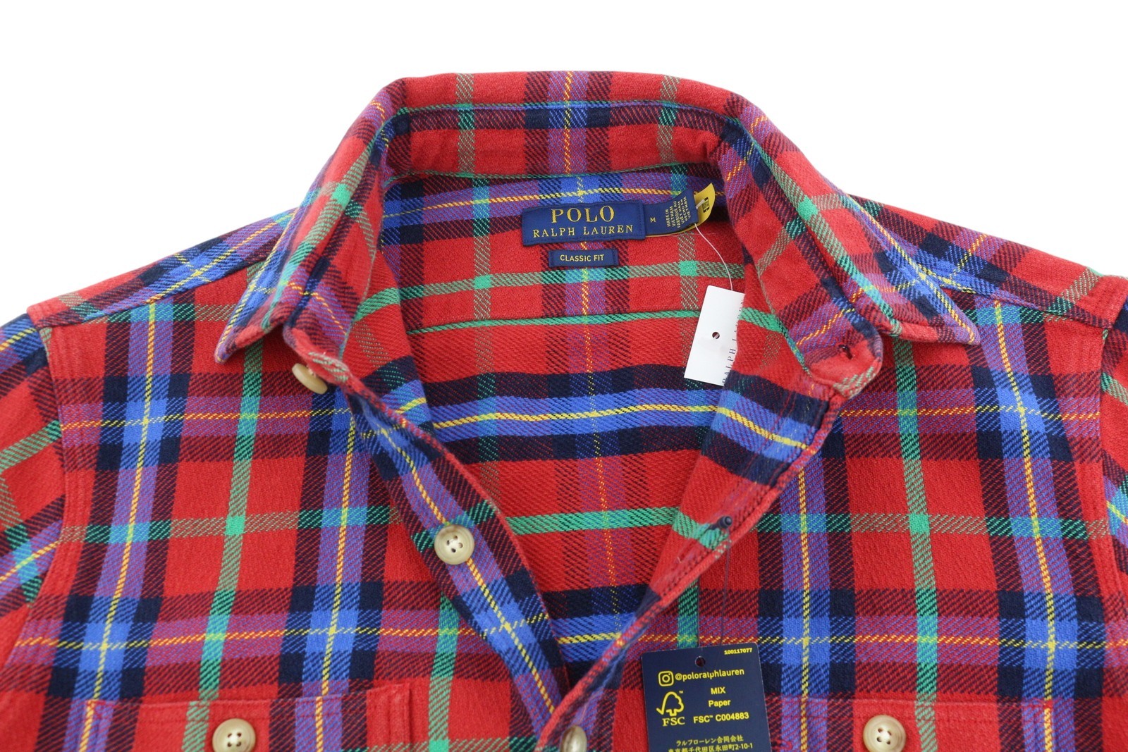 RALPH LAUREN Men Shirt M Red Plaid Classic Fit Spread Neck Button-Up Logo Thick