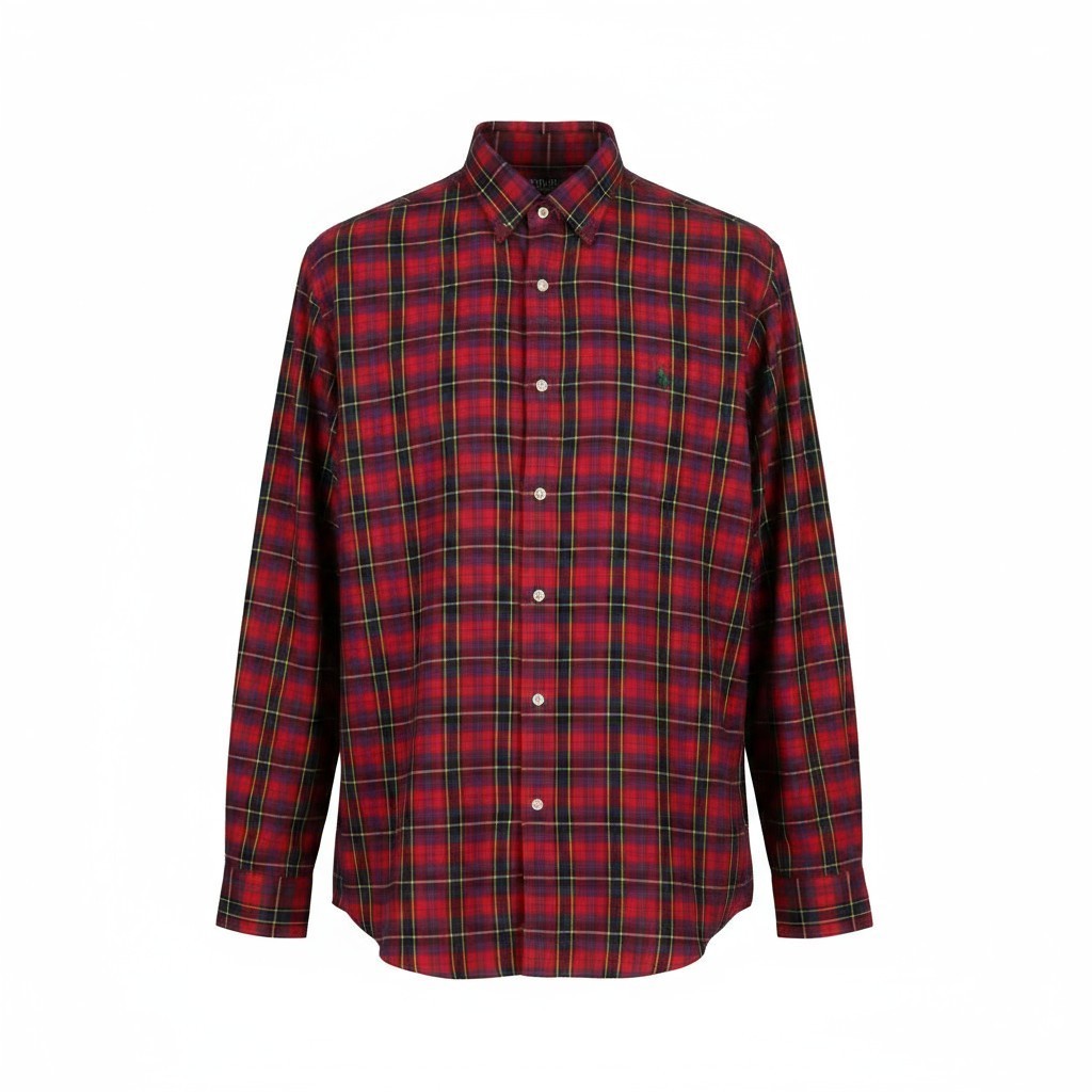 RALPH LAUREN Men Shirt 2XL Red Plaid Flannel Custom Fit Button-Up Logo RRR159