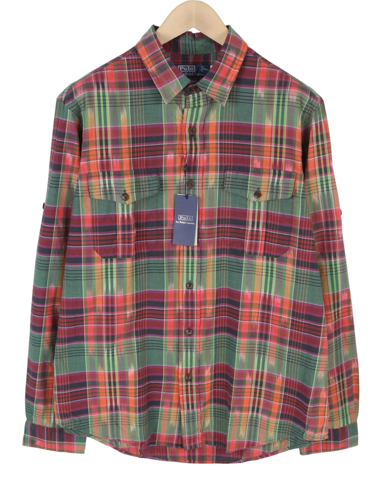 RALPH LAUREN Men Shirt L Colourful Check Classic Fit Spread Neck Casual Roll-Up